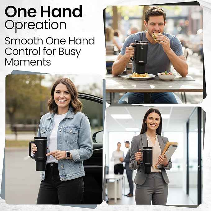 40oz Tumbler with Handle and Straw Insulated Stainless Steel Travel Mug Vacuum Double Wall Coffee Cup Leak Resistant Lid BPA-Free Cup Holder Friendly for Hot & Cold Drinks, Black