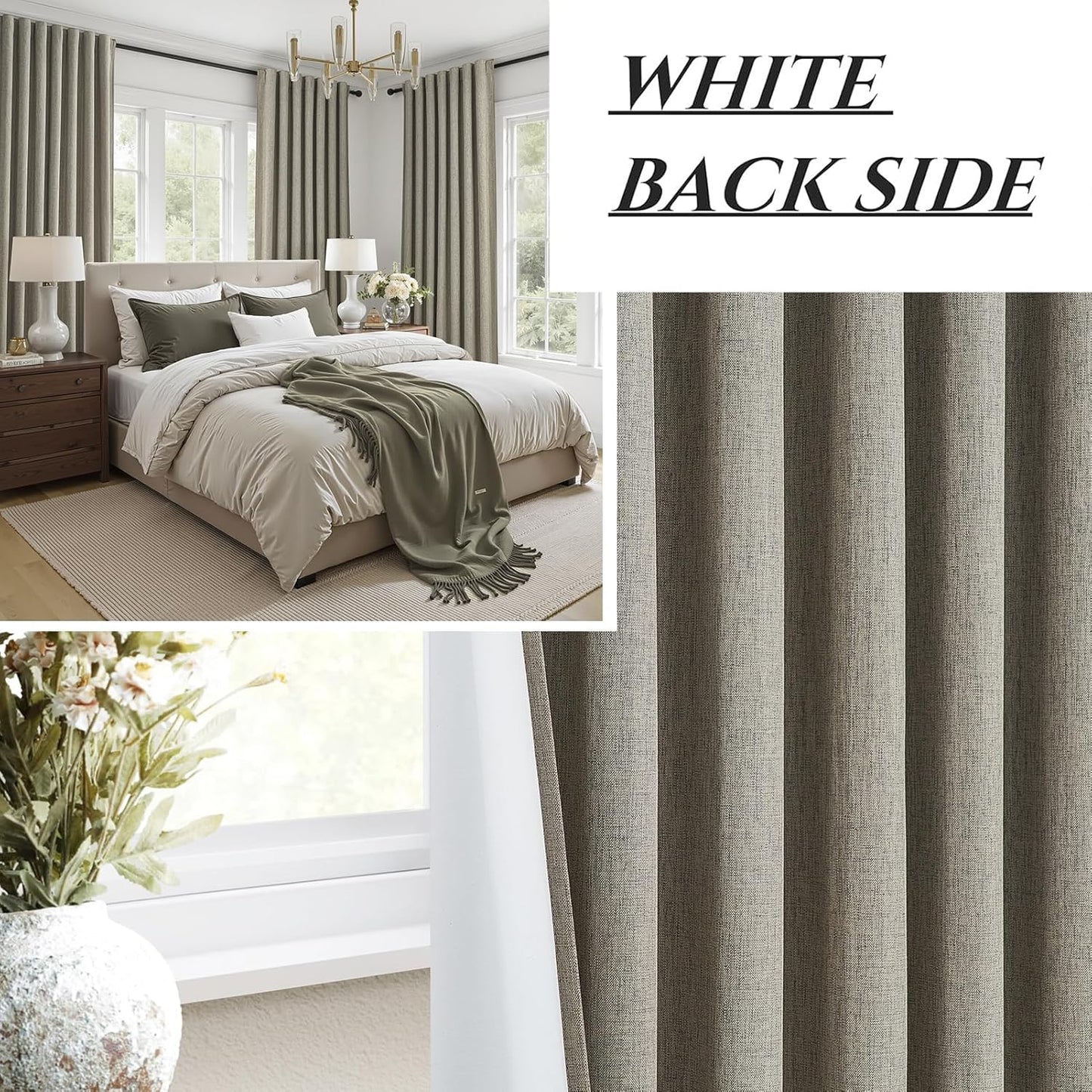 Grey Green Blackout Linen Curtains 90 Inches Long for Living Room/Bedroom, Pleated Window Track Heavy Curtain for winter with Pin Hooks Boho Dark Green Drapes Thermal Insulated (50"Wx90"Lx2Panels)