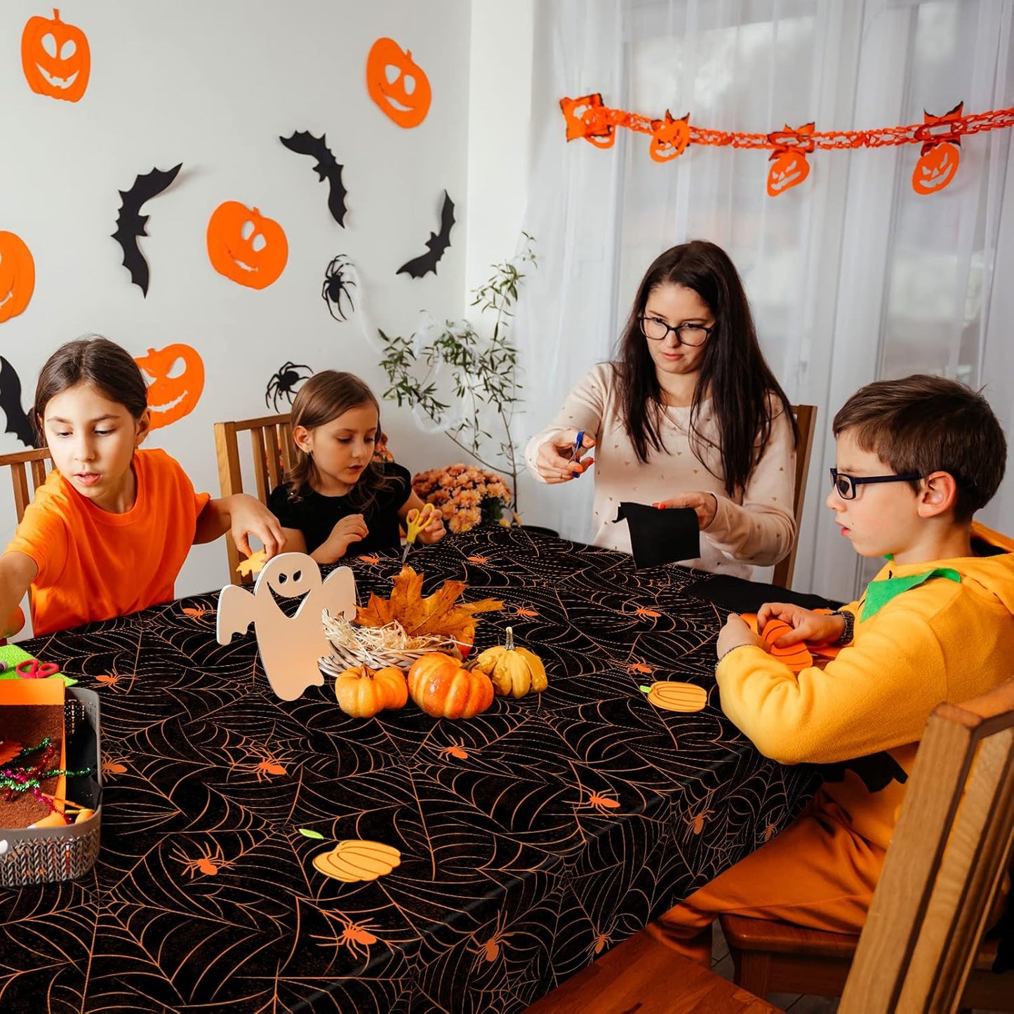 TREWAVE 3 Pack Halloween Spiderweb Tablecloth Rectangular Plastic Spider Web Table Cloth Large Size Table Covers for Home Decor Halloween Party Decorations 54" x 108" (Orange Spider)