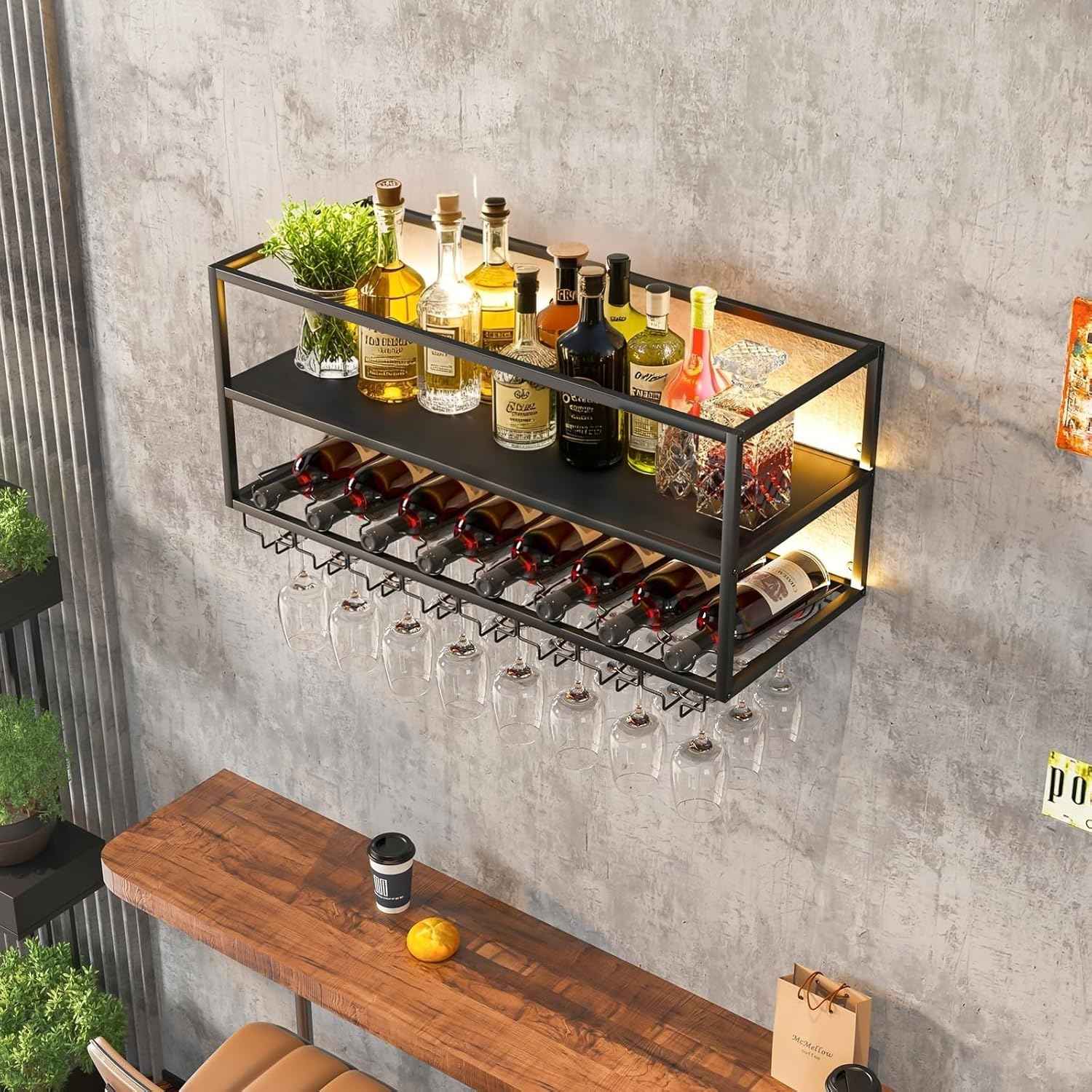 Modern Wine Rack Wall Mounted with Glass Holder,Metal Liquor Shelf, Floating Bar Shelves,Liquor Bottle Display Shelf,Hanging Large Capacity Wine Storage Racks for Home Kitchen Dining Room