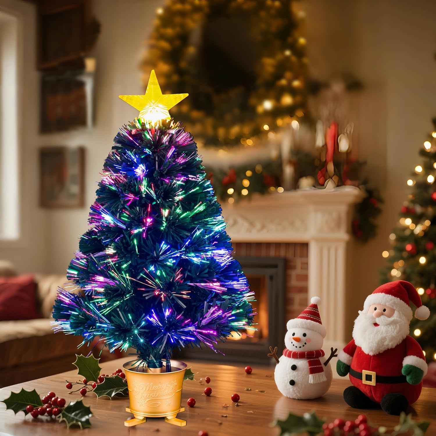 YUETJIN 24inch Pre-lit Mini Fiber Optic Tabletop Artificial Christmas Tree，Small Xmas Tree with Stars Decorations-Gold