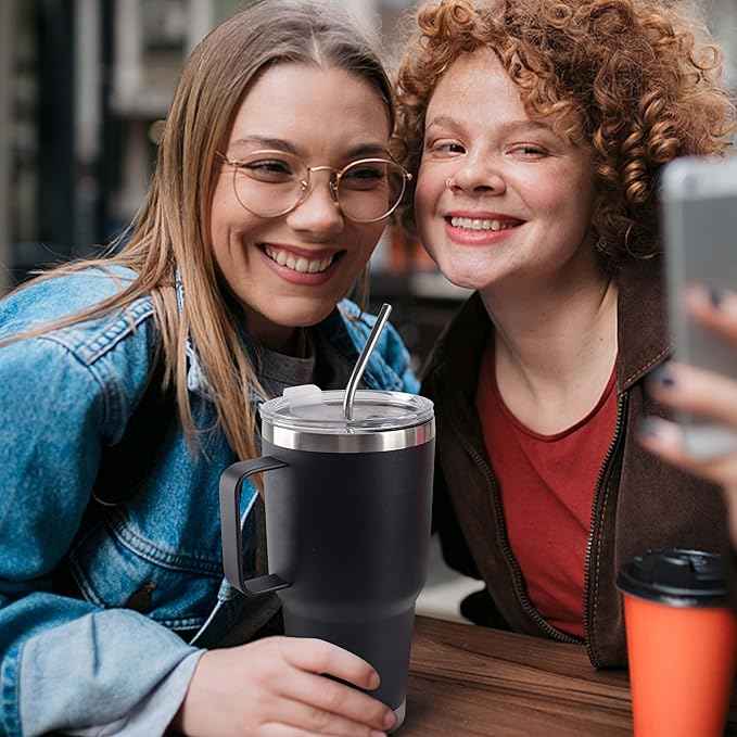 30 oz Tumbler With Handle, Double Wall Stainless Steel Vacuum Insulated Travel Mug with Splash-Proof Lid Metal Straw and Brush (Black)