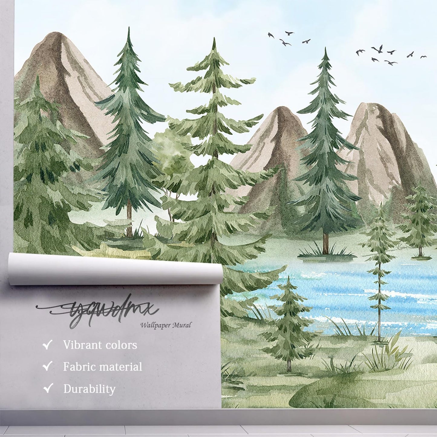-Watercolor Green Pine Mural Cartoon Forest Fabric Wallpaper Children's Room 180" x 115"(Not Peel and Stick)