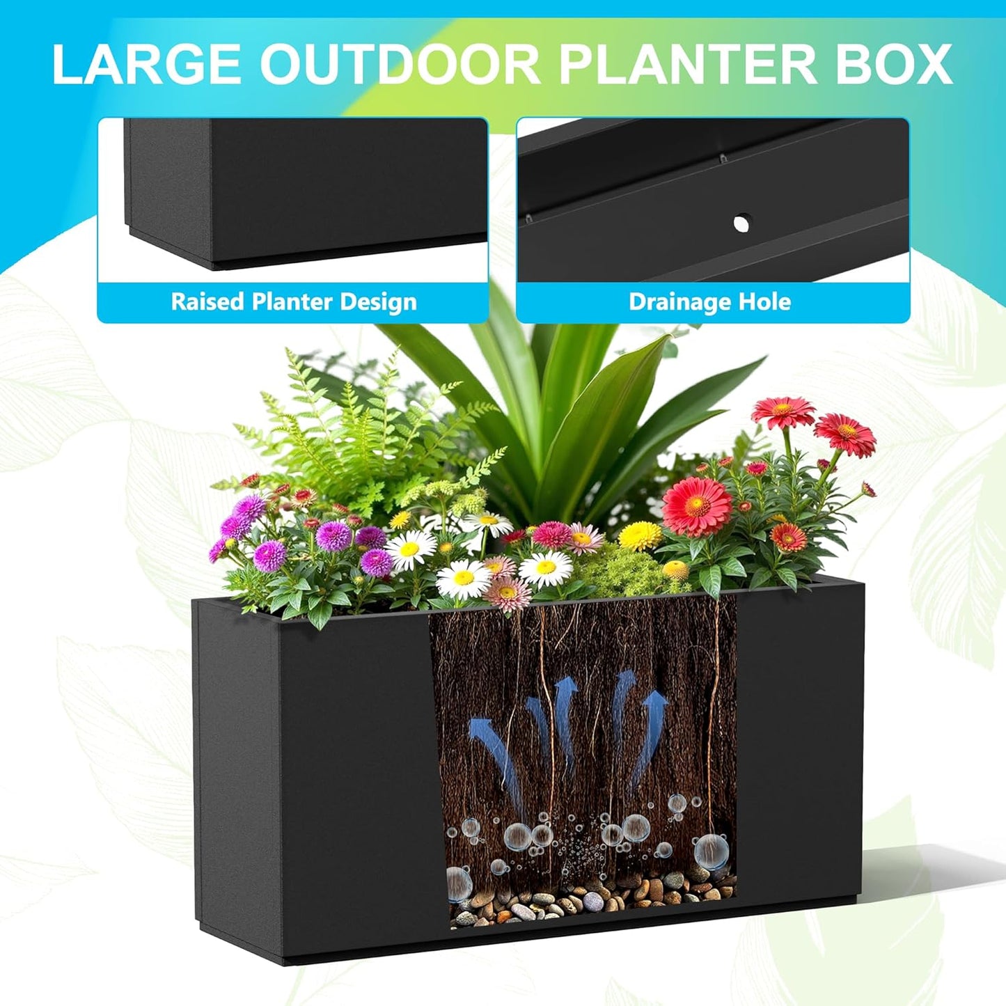 FENCY Metal Rectangular Planter Box, Large Planters for Outdoor Plants, Tall Planters for Outdoor Plants with Drainage Holes (32" L x 10" W x 16.3" H,Black)