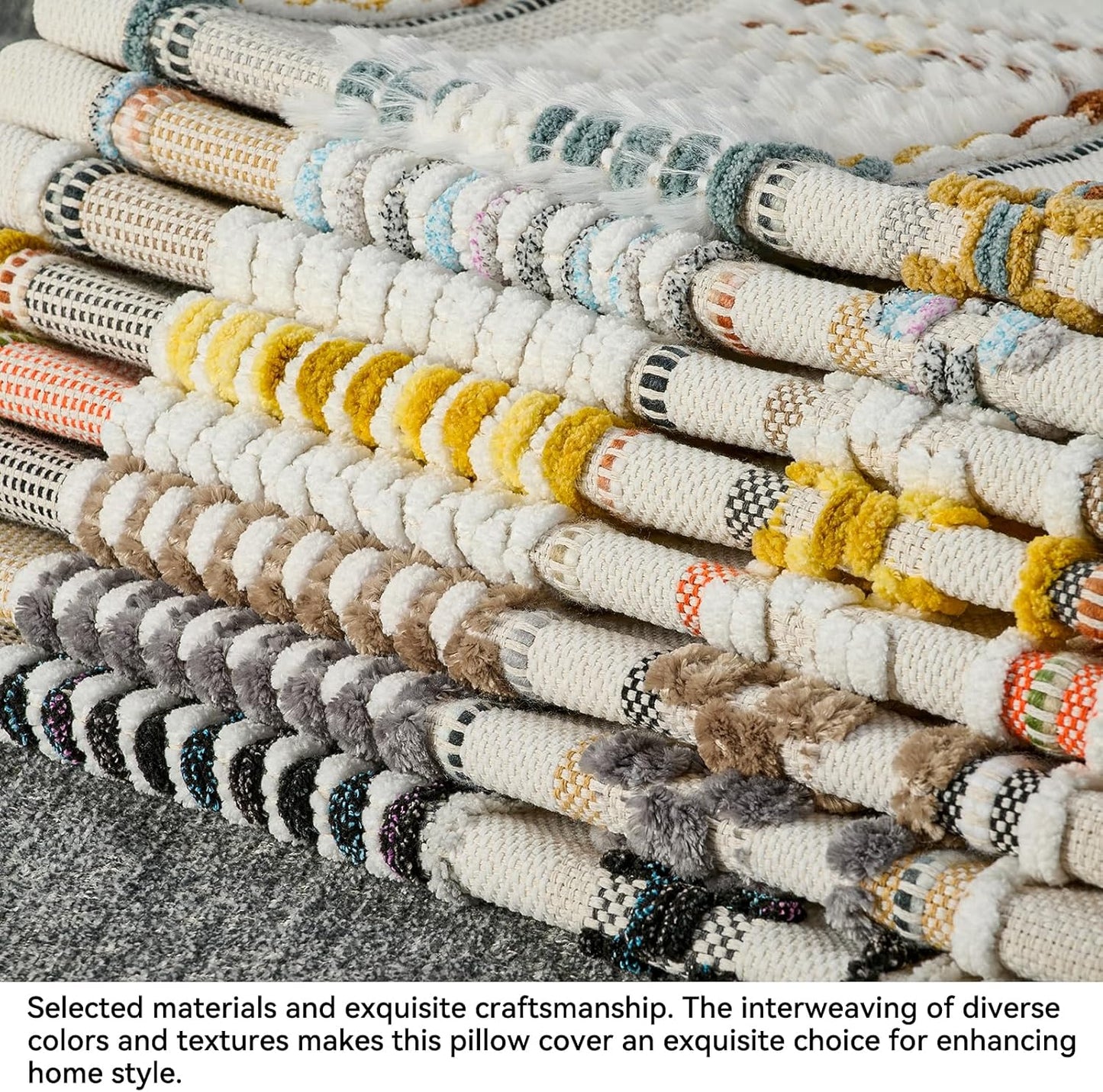 AmHoo Set of 2 Chenille Striped Textured Boho Throw Pillow Covers Aesthetic with Tassels Woven Decorative Pillow Case for Couch Bed Sofa Bedroom Modern Funky 18 x 18-Inch Grey White