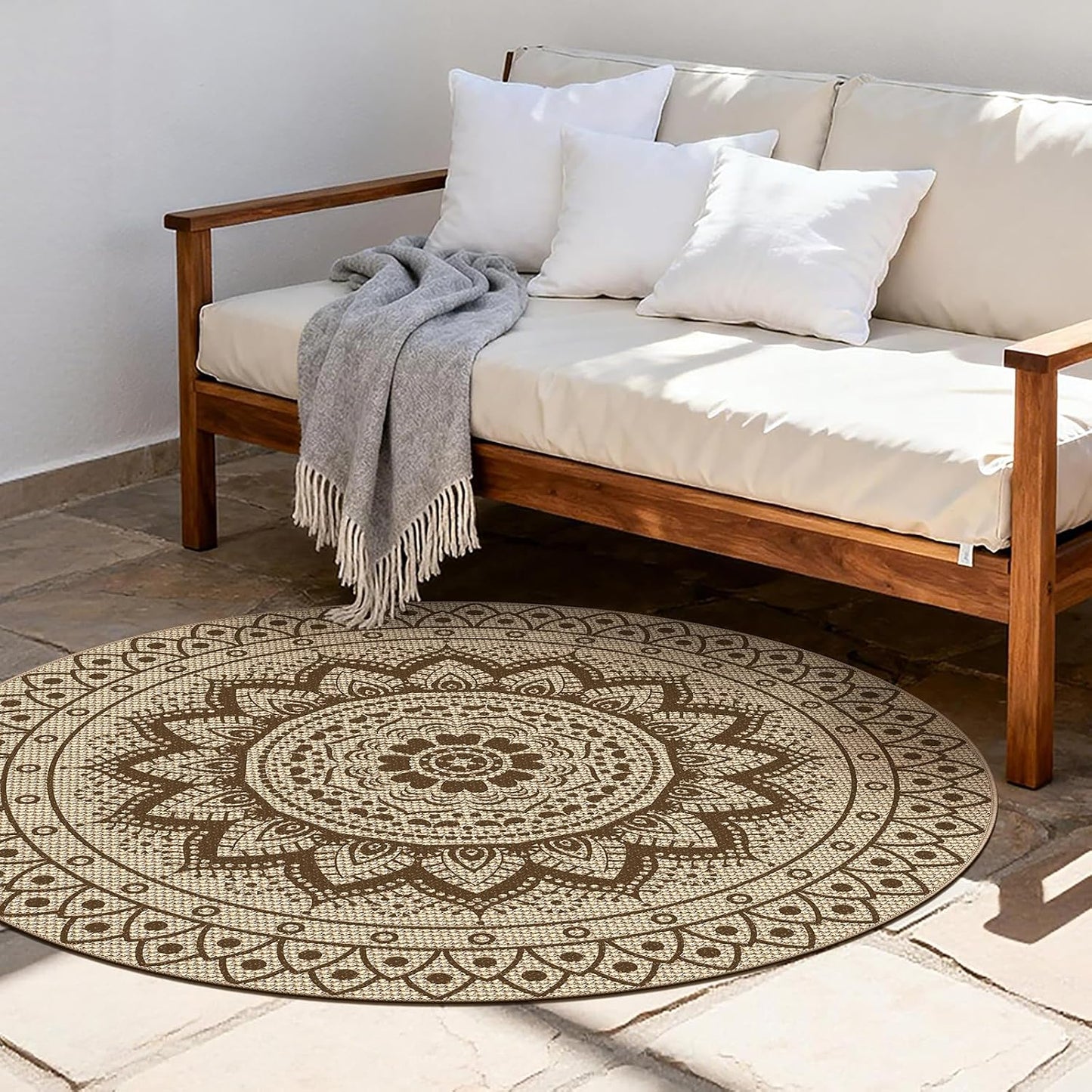 Easy Jute Outdoor Round Rug, 5ft Washable Indoor Outdoor Patio Rug, Brown Non Slip Round Area Rug Farmhouse, Boho Carpet for Backyard Patio