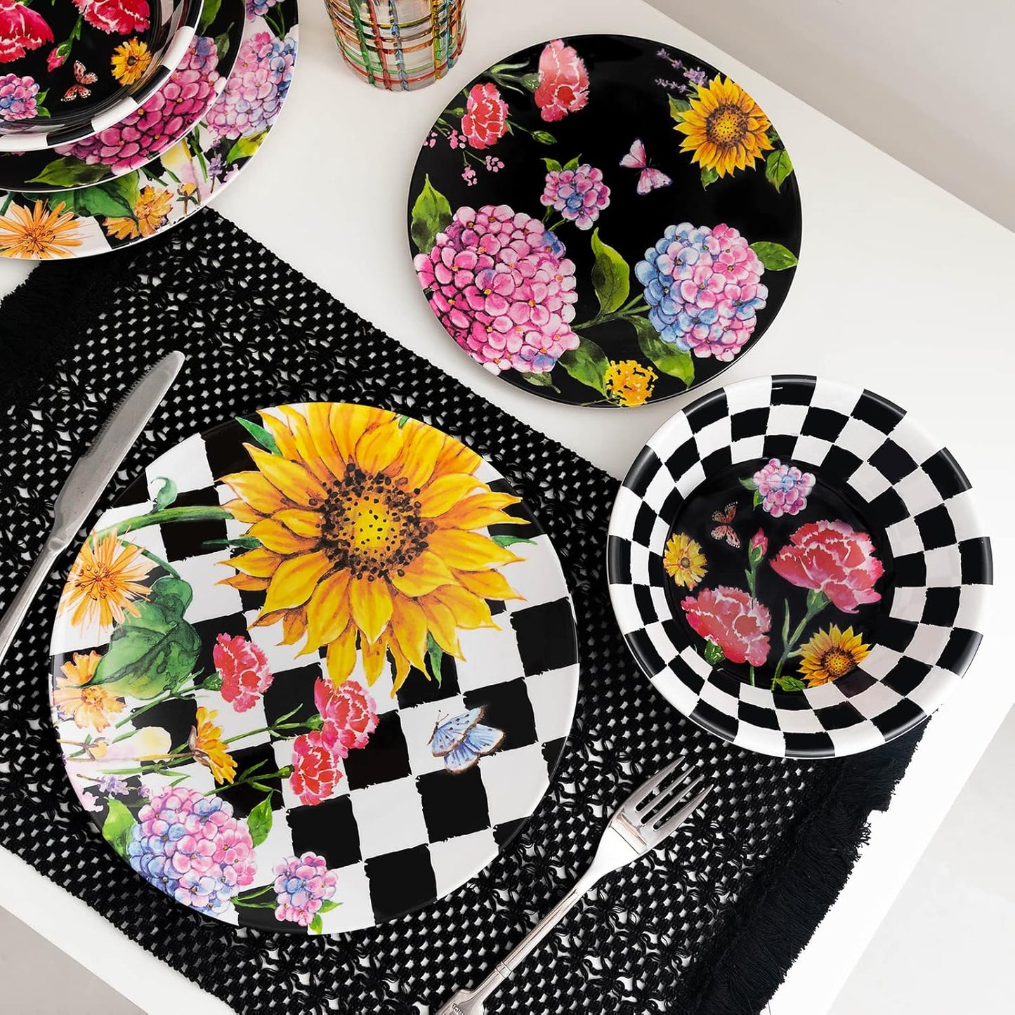 LEHAHA Sunflower 12-Piece Melamine Dinnerware Set Include Plates/Dishes and Bowls, Service for 4, BPA Free and Unbreakable Black Plaid Floral Dish Set for Indoor and Outdoor Use…