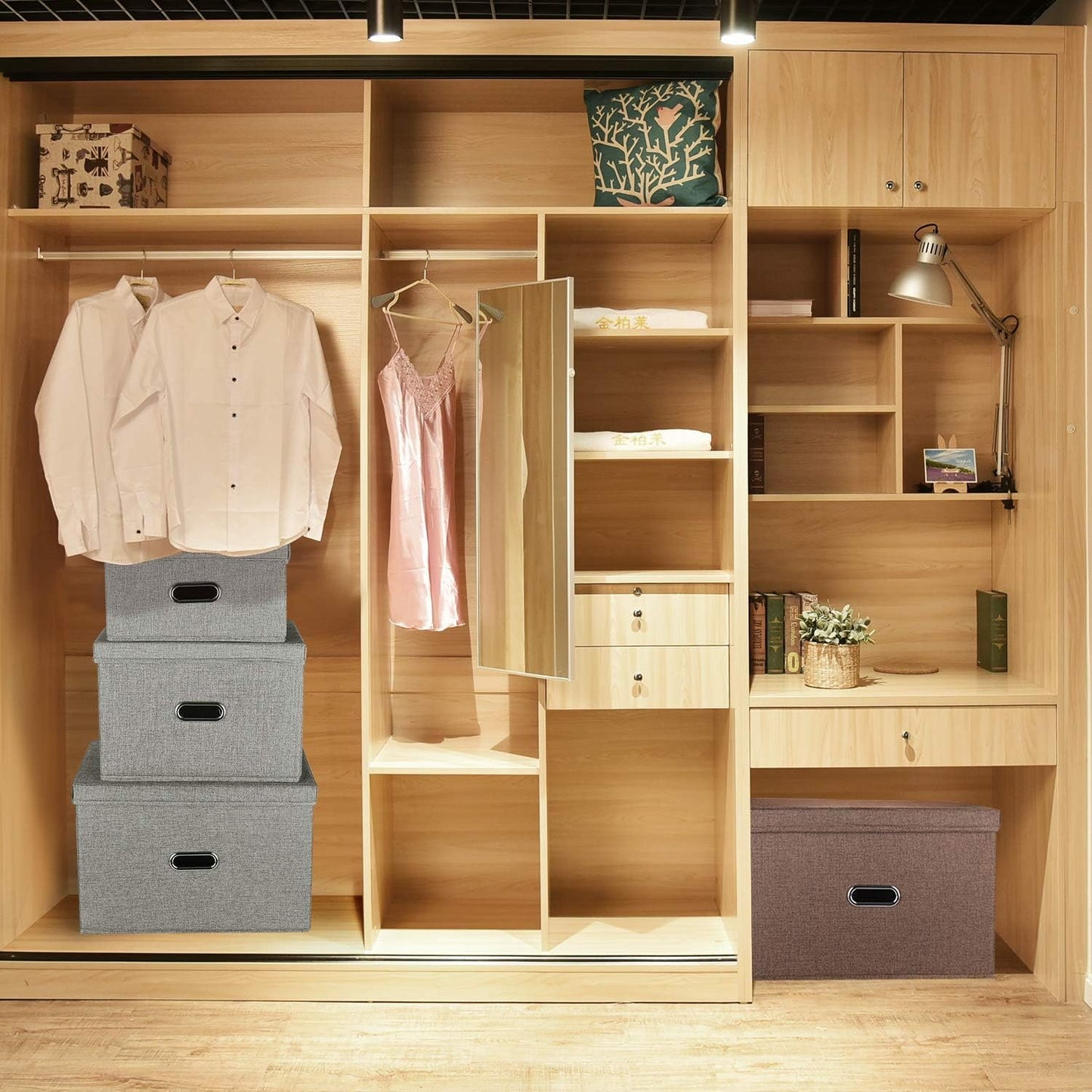 Large Linen Fabric Foldable Storage Bins with Removable Lid and Handles, Washable Storage Box Organizer Containers Baskets Cube with Cover for Bedroom,Office(Cream, Medium)