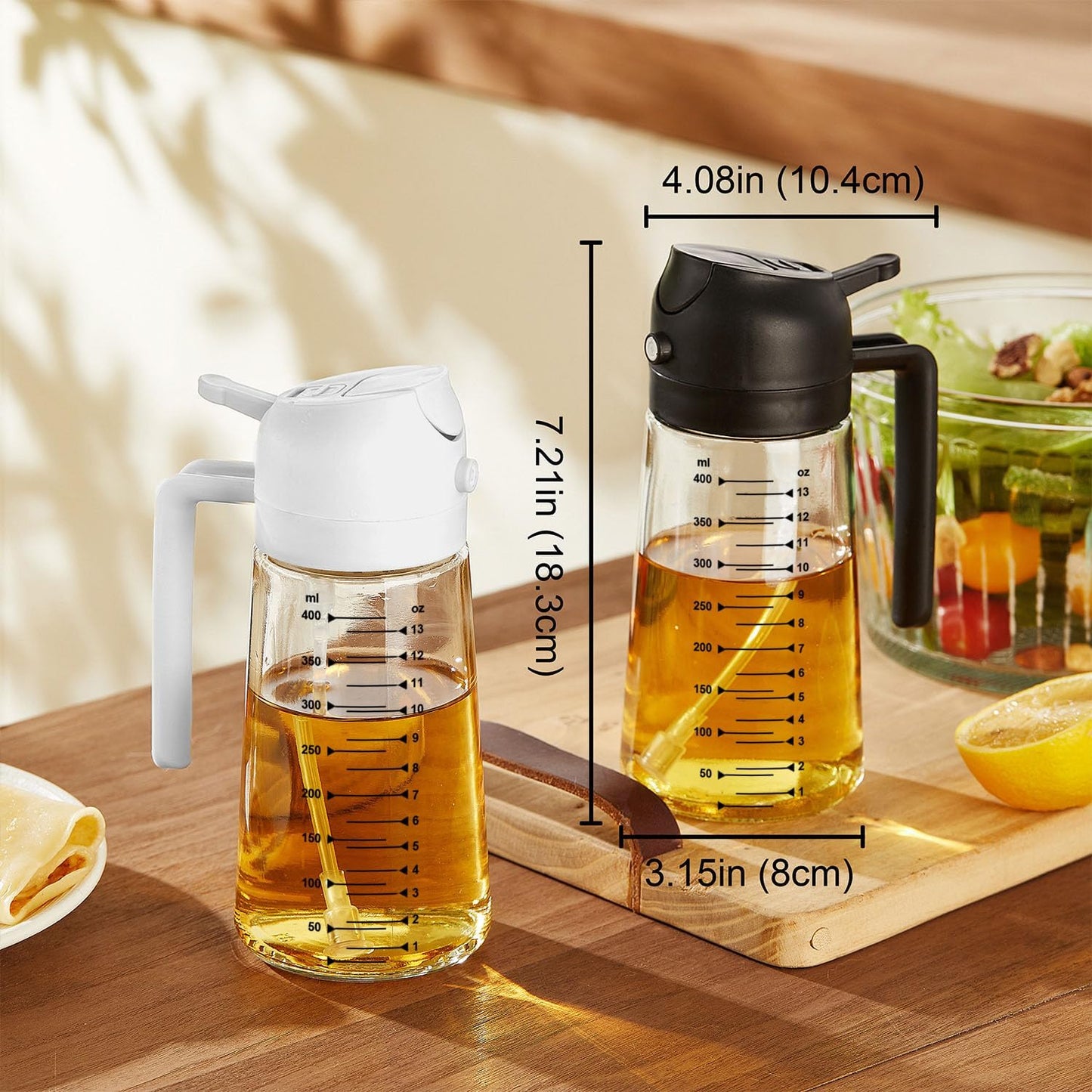 TrendPlain 16oz/470ml Glass Olive Oil Sprayer for Cooking – 2 in 1 Olive Oil Dispenser Bottle for Kitchen Gadgets and Air Fryer Accessories, Salad, BBQ - Black & Green