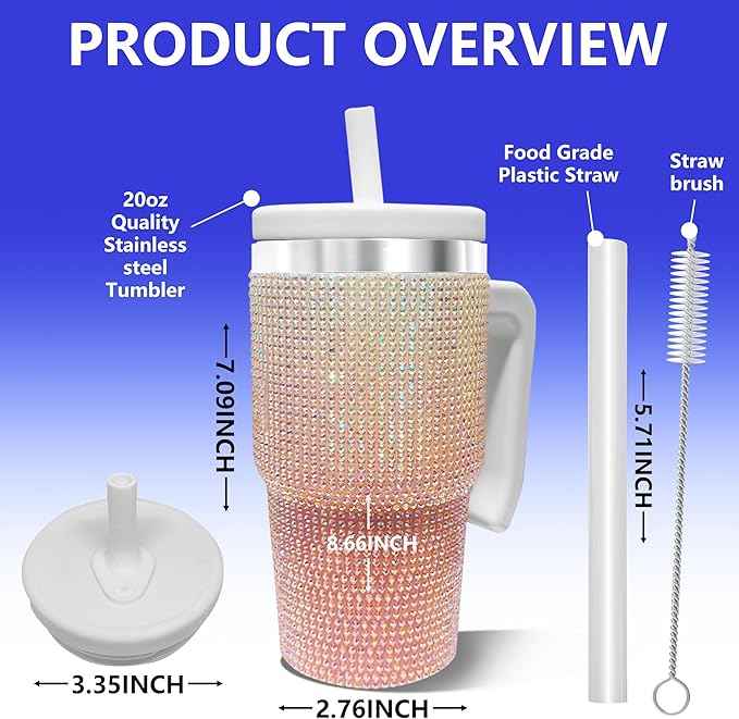 2PCS 20-OZ Insulated Water Bottle,Insulated Stainless Steel Tumbler,Reusable Cold Drink Thermos,BPA-Free, Double-Wall Stainless Steel Water Bottle (Pink White Gradient-Diamonds, 20, Fluid Ounces)