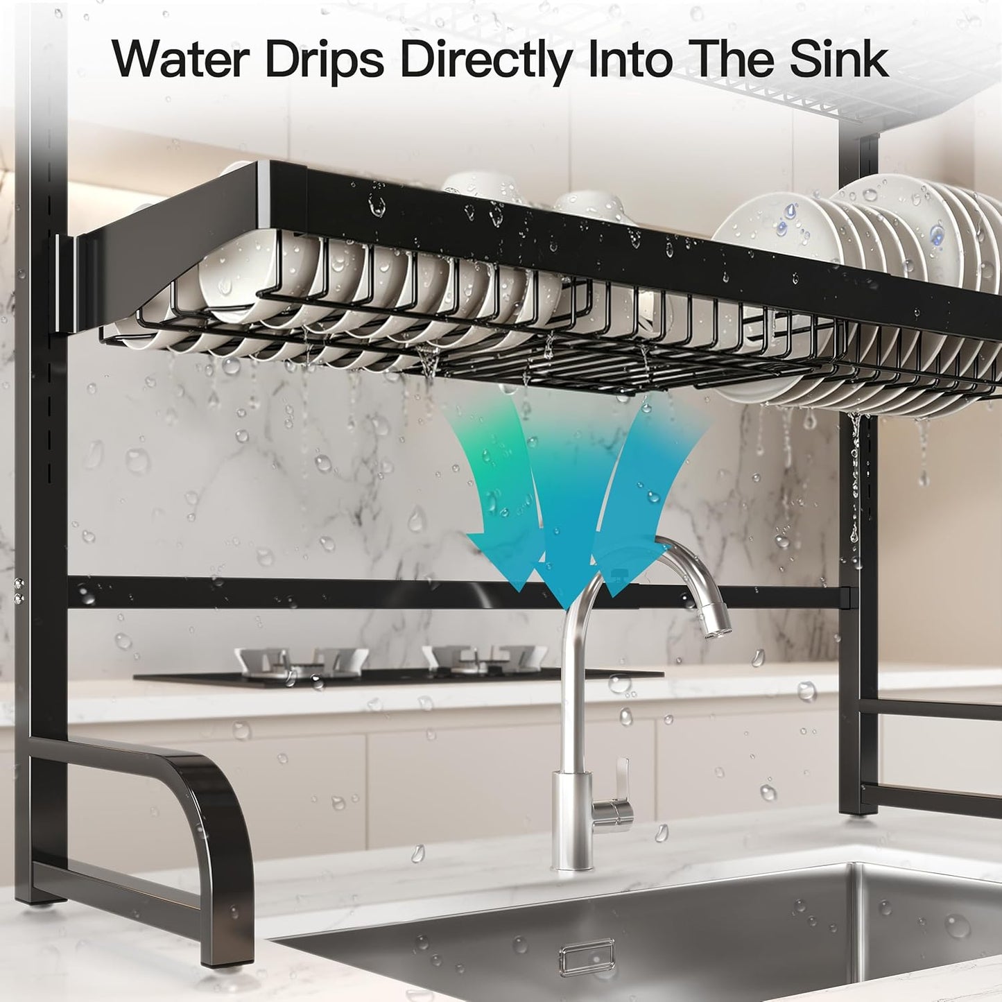 3 Tier Extra Large Stainless Steel Expandable Over The Sink Dish Drainer Drying Rack, Rust Proof Metal, Space Saving, Modern Black Big Capacity Extendable Plate Strainers Above Kitchen Counter