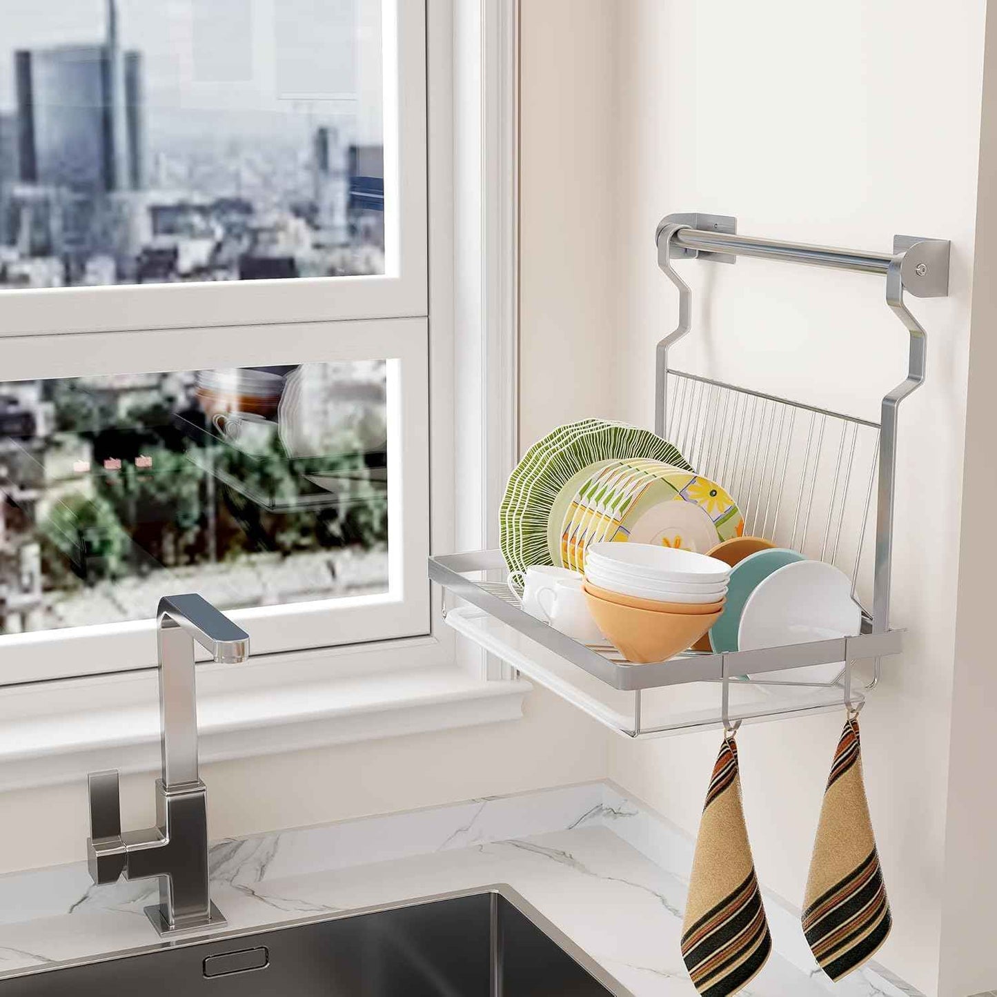 TQVAI Over Sink Dish Drainer Drying Rack, Stainless Steel Foldable Wall Mounted Dish Racks with Drainboard Hanging Rod and Sponge Holder, Silver