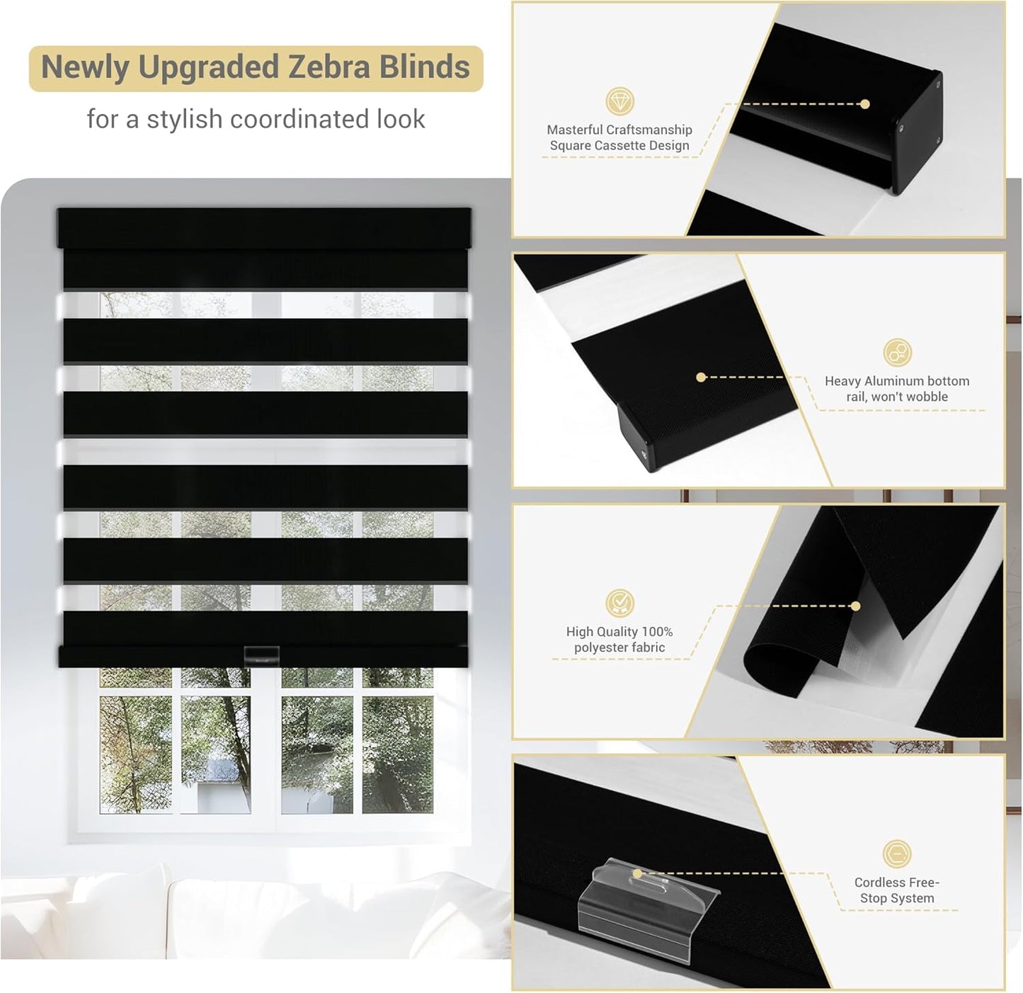 Cordless Zebra Blinds for Windows, Blackout Interior Blinds,Easy to Install,UV Protection,for Offices and Home,Custom Roller Shades, Solid Black, 15" W x 56" H