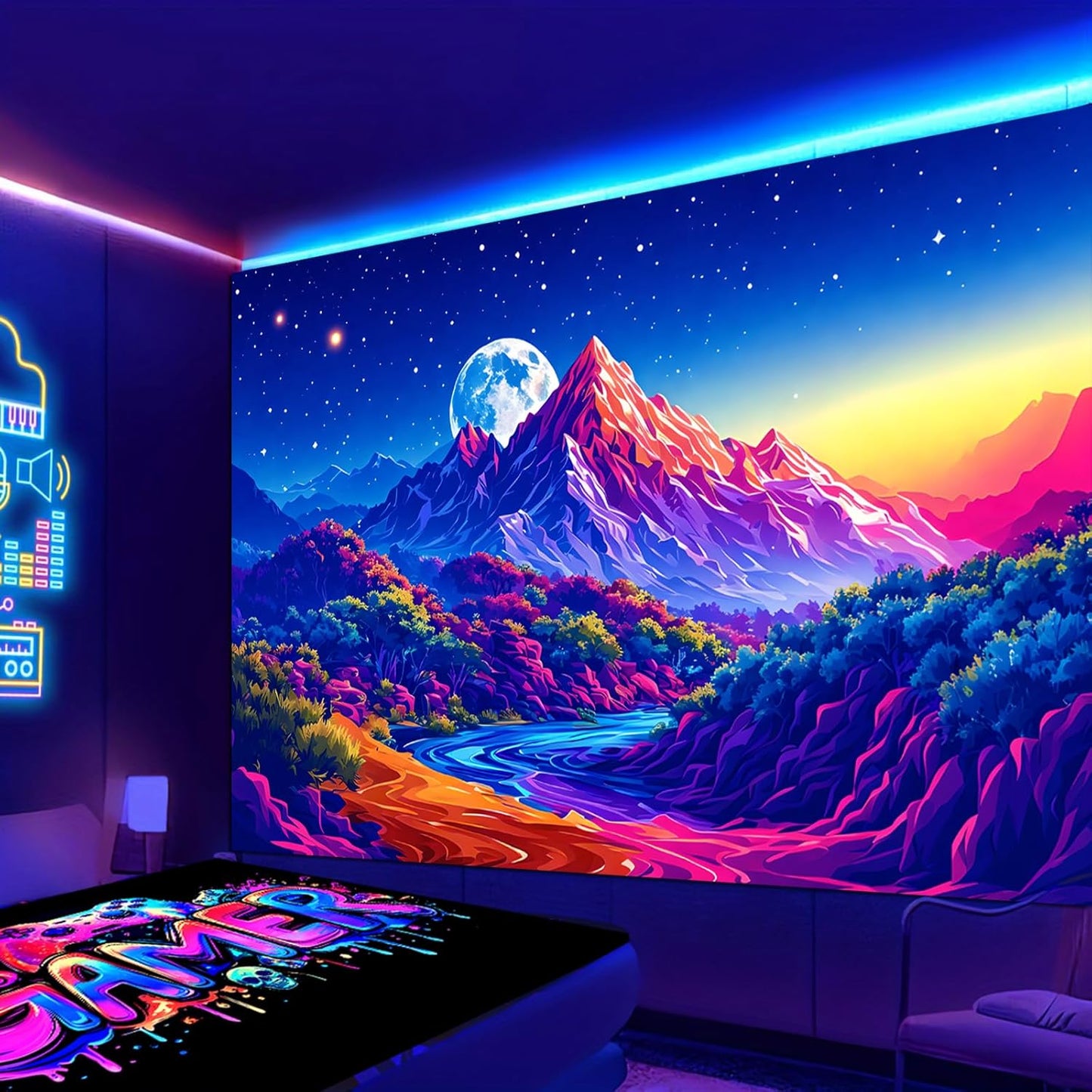 SparkLia Blacklight Sunset Mountain Tapestry – UV Reactive Forest Lake Wall Hanging, Neon Glow in the Dark Starry Sky Moon Nature Landscape for Bedroom, Living Room & Dorm Decor – 51.2" x 59.1"