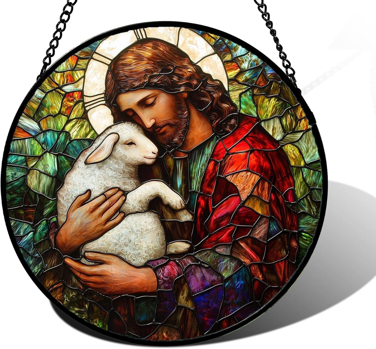 Stained Glass Window Hanging, Jesus Little Lamb Sun Catchers Colorful Glass Panel Christianity Suncatcher Decor for Birthday for Women, Men, Wife, Aunt, and Mom 11.8x11.8 in