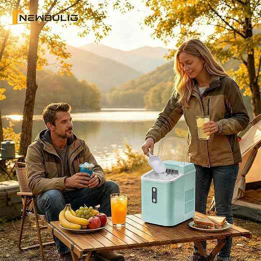 NEWBULIG Nugget Ice Makers Countertop, Portable Nugget Ice Machine, Ready in 6 Mins, 24lbs in 24Hrs, Auto-Cleaning, with Basket and Scoop, for Home, Kitchen, RV, Camping, Green