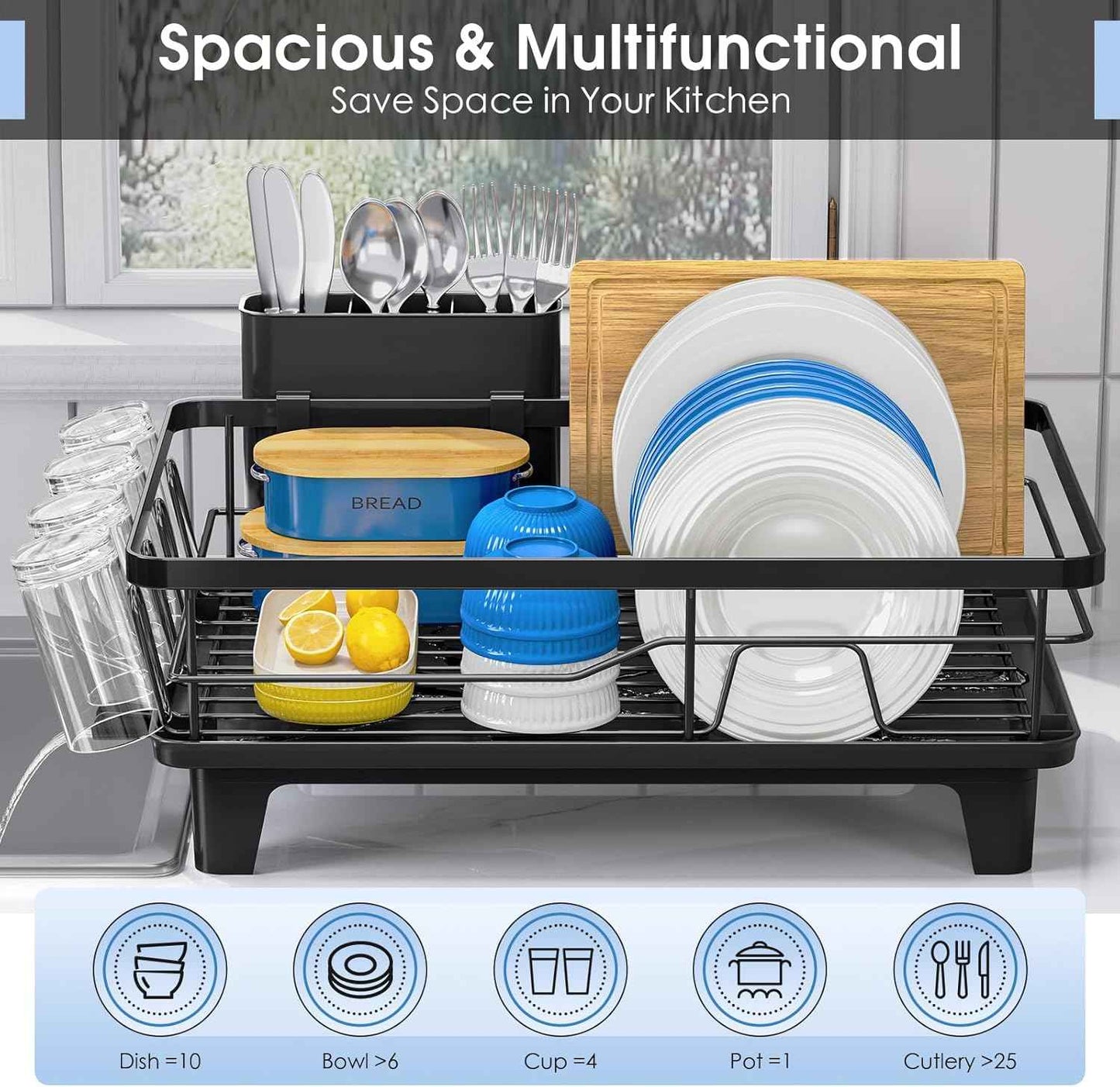 Urackify Dish Drying Rack for Kitchen Counter, Sink Dish Rack with Drainboard 12.2" W x 16.5" L, Large Dish Drainer with Cutlery Holder, Home Countertop Plate Dryer Storage Rack, Black