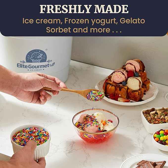 Elite Gourmet 4Qt Electric Ice Cream Maker EIM350 Delicious Homemade Ice Cream, Gelato, Sorbet, Frozen Yogurt, 4Qt Aluminum Freezing Cannister, Durable Plastic Ice Bucket, Powerful 50W, Periwinkle