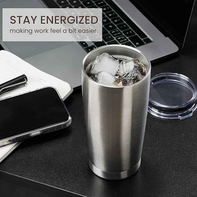 MEWAY 20oz Tumbler 4 Pack Double Wall Vacuum Insulated Travel Mug Bulk, Stainless Steel Tumblers with Lid and Straw, Durable Powder Coated Coffee Cups for Cold & Hot Drinks (Silver, 4)