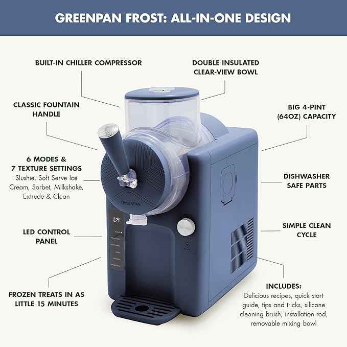 GreenPan Frost Ice Cream Maker & Slushie Machine, Soft Serve, Sorbet, Margaritas, Milkshakes, Frozen Yogurt, No Pre-Freezing, Ready in 15 Mins, 6 Modes, 7 Textures, Self-Cleaning, Family Size, Blue