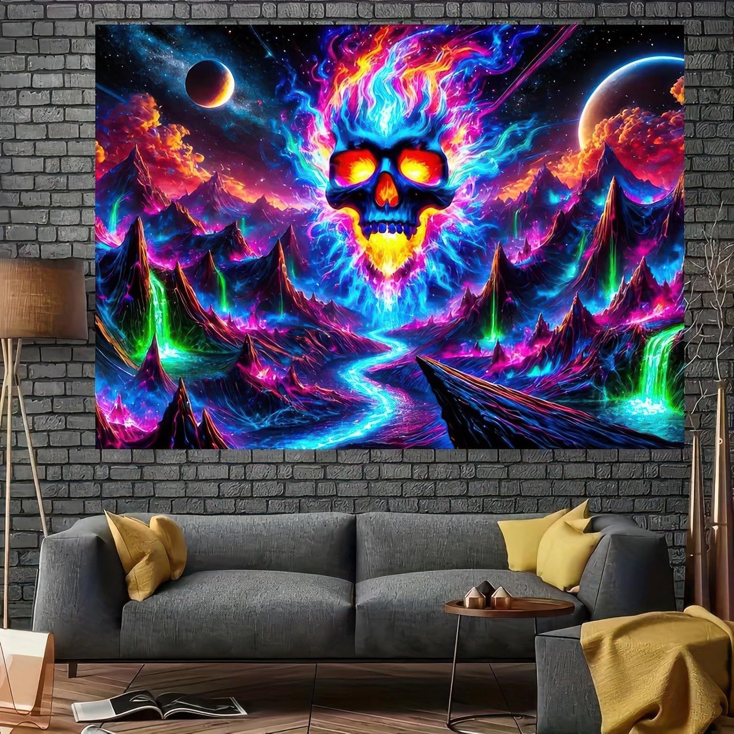 BlissYard Blacklight Skull Tapestry UV Reactive Tapestry 78x59 Inch Black Light Galaxy Planet Glowing Large Neon Posters Wall Hanging for Home Living Room Bedroom Decor