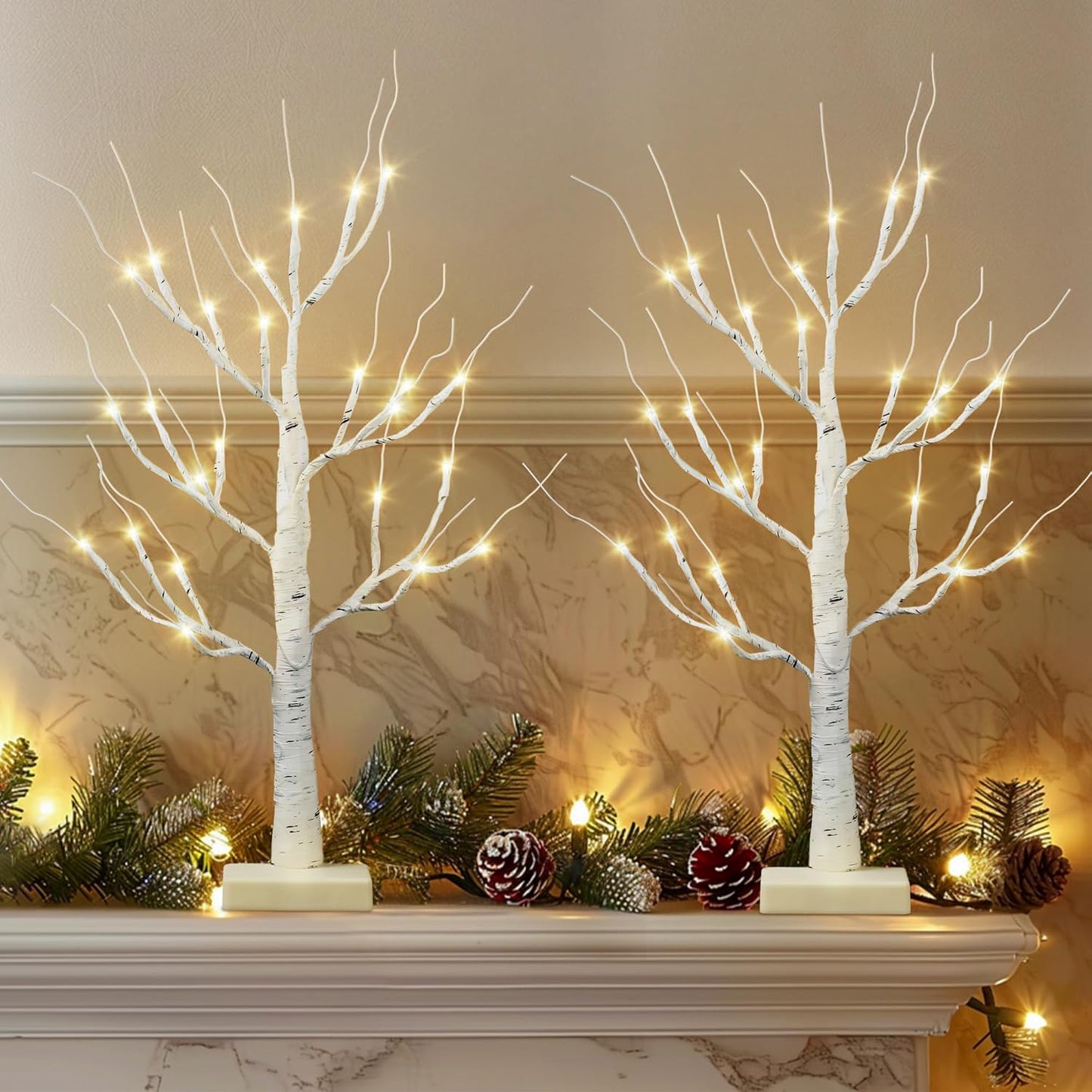 Christmas Decorations Indoor,2 Pack 2 FT White Lighted Birch Tree with Led Lights,Christmas Tree Decorations,Table Top Decor for Home Hanging Ornaments Halloween Valentines,Battery Operated