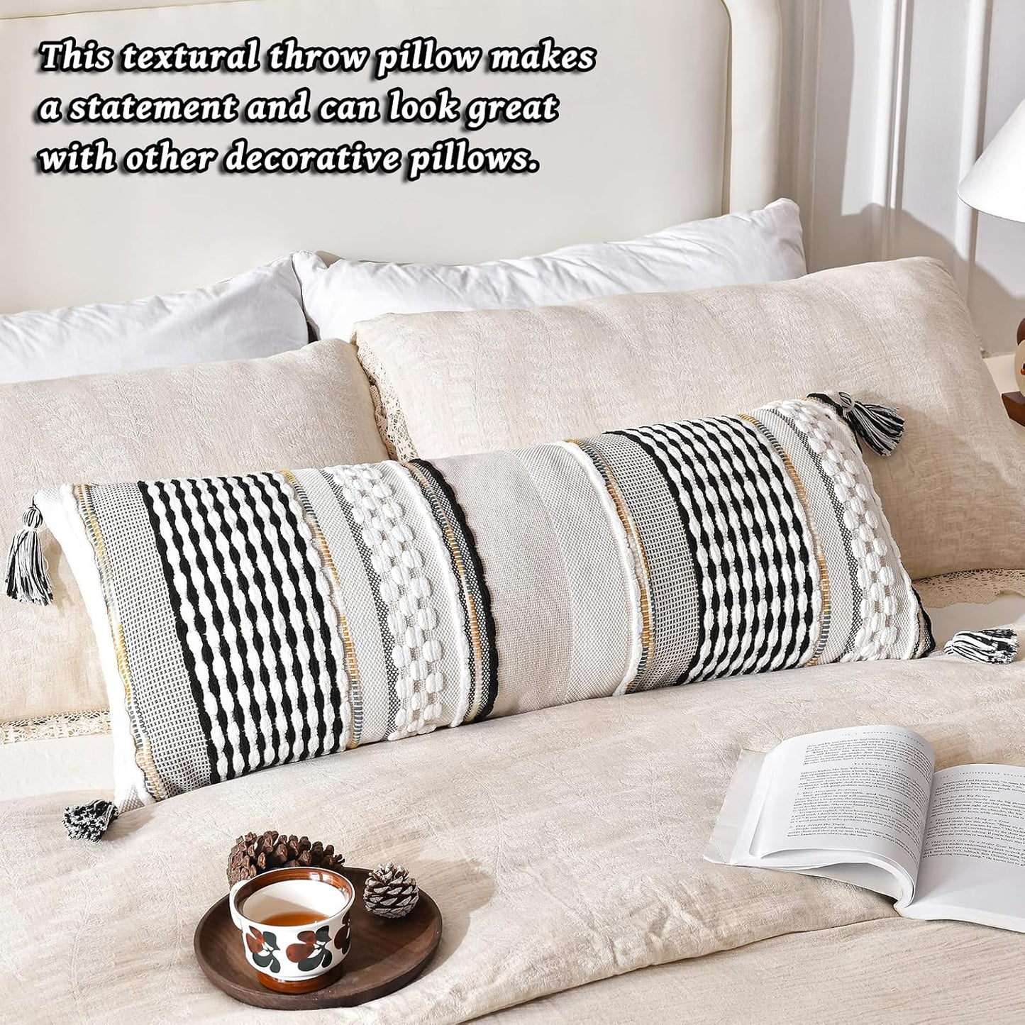 AmHoo Chenille Striped Textured Boho Throw Pillow Covers Aesthetic with Tassels Woven Decorative Pillow Case for Couch Bed Sofa Bedroom Modern Funky 14 x 36-Inch Black