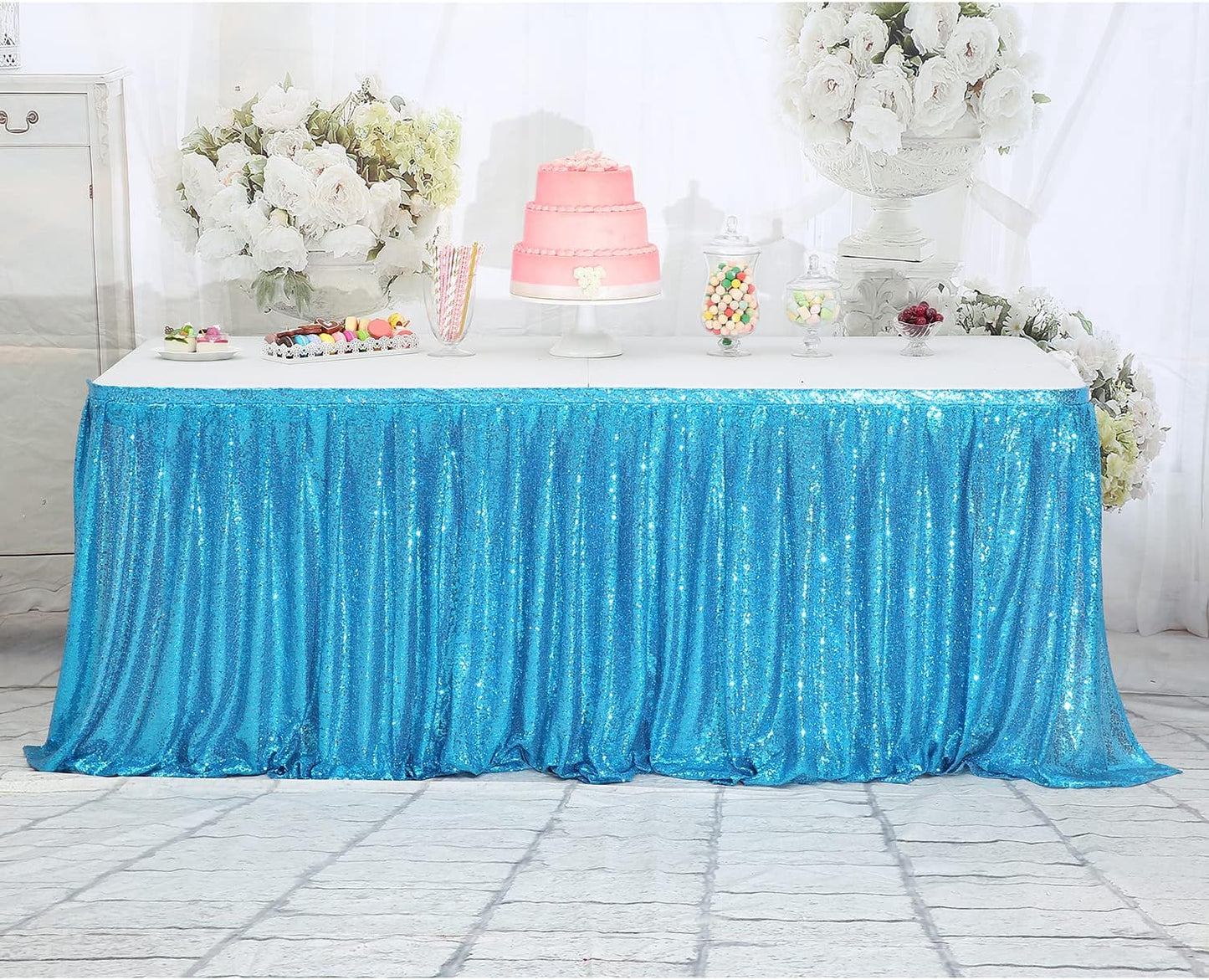 Eternal Beauty 6ft Sequin Table Skirt for Party Wedding Birthday Baby Shower Holiday Decoration (L6(ft) H 30in, Turquoise)