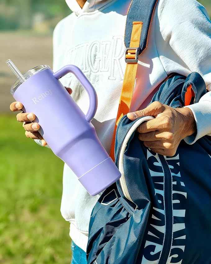 Renoj Insulated Mug 100% Spill Resistant Insulated Water Bottle for Iced Coffee & Hot Drinks - Fits Car Cup Holder, Ideal Gift, 2 Straws & Silicone Boot - FlexSlide Blue 32 oz