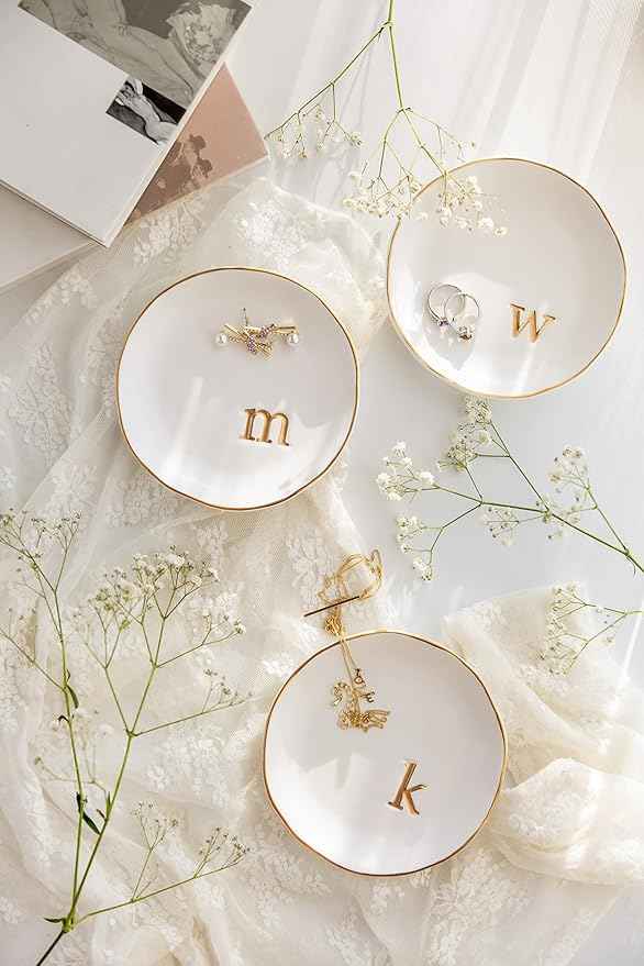 COLLECTIVE HOME - Ceramic Jewelry Tray, Decorative Trinket Dish for Rings Earrings Necklaces Bracelet Watch Keys, Birthday Mother's Day Christmas Gift for Women, 4.75", White Surface (D)