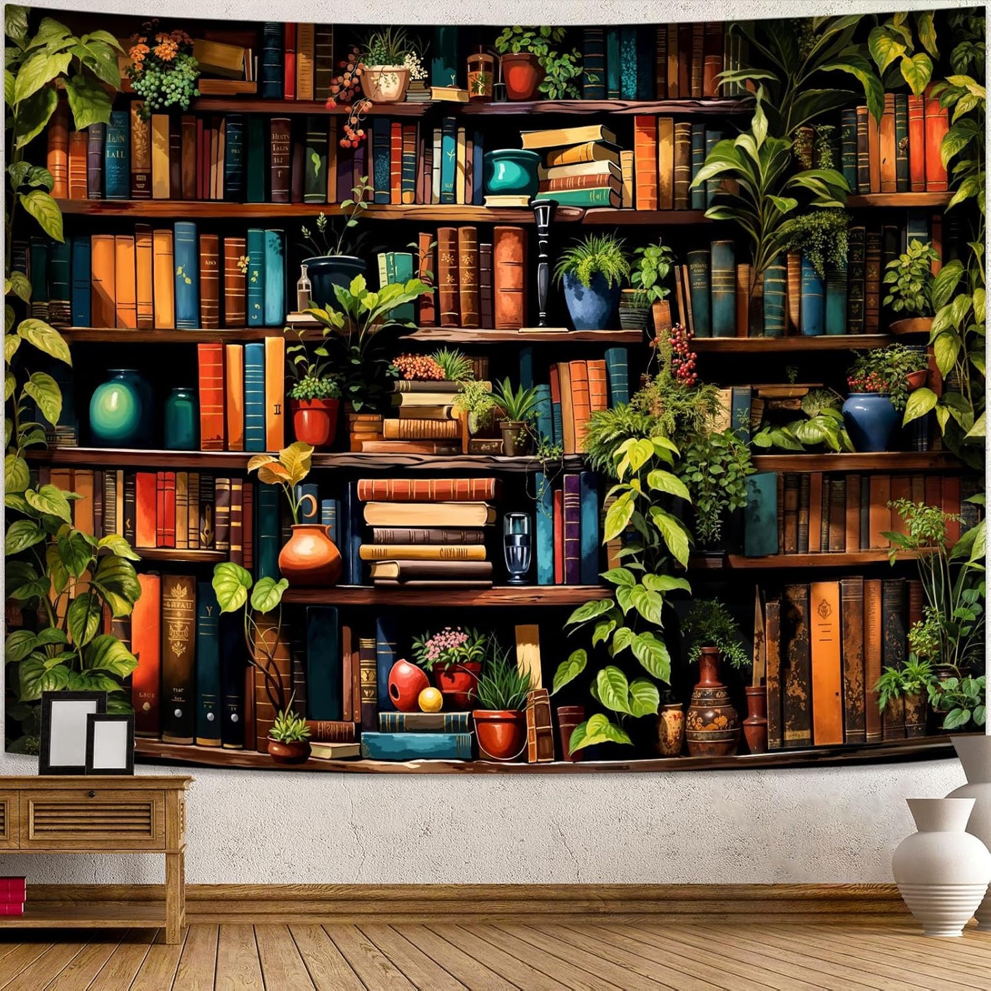 Accnicc Botanical Bookshelf Tapestry Lush Green Plant Book Shelf Tapestries Wall Hanging Art Vintage Retro Potted Plants Academics Small Library Tapestry for Bedroom Living Room Dorm 60 x 44 inch