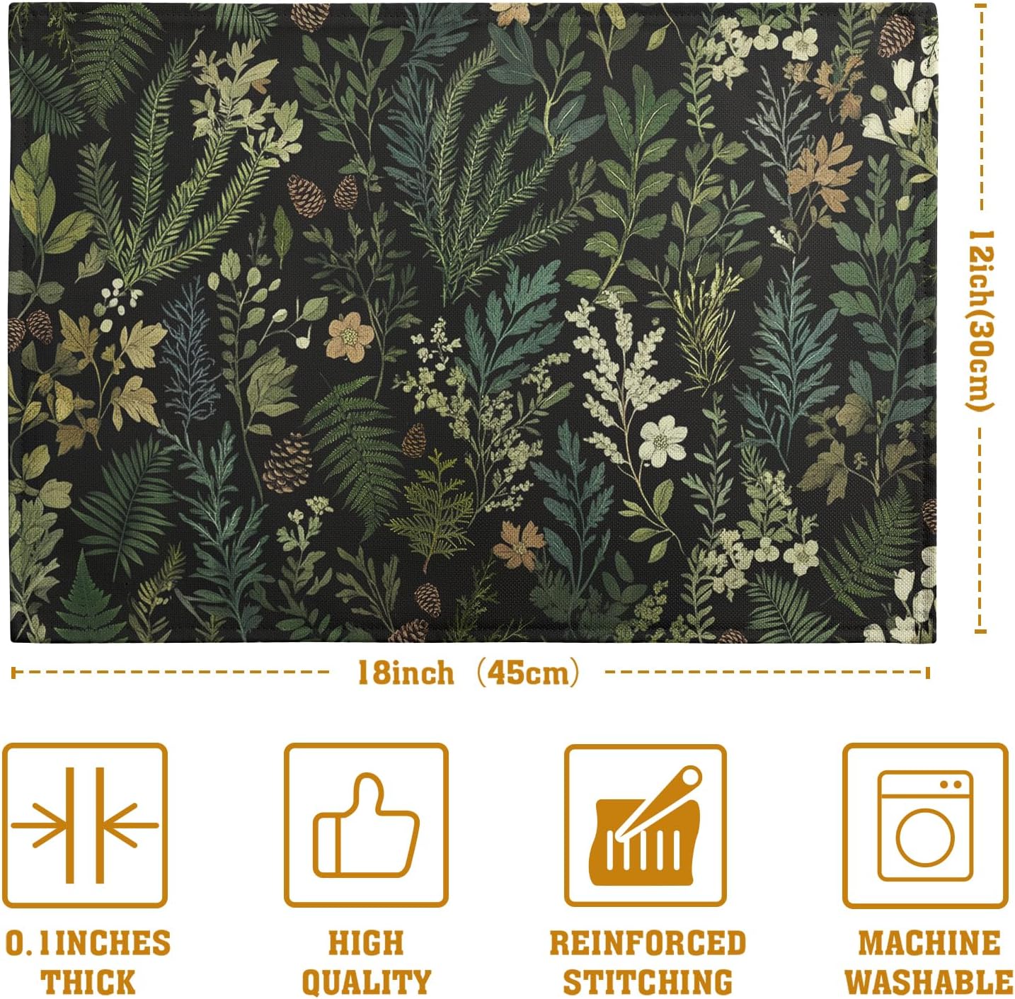 Black Sage Green Plant Placemats Set of 4 Vintage Botanic Fern Leaves Herb Floral Place Mats Rustic Farmhouse Linen Fabric Table Mats for Party Kitchen Dining Outdoor Indoor Decor