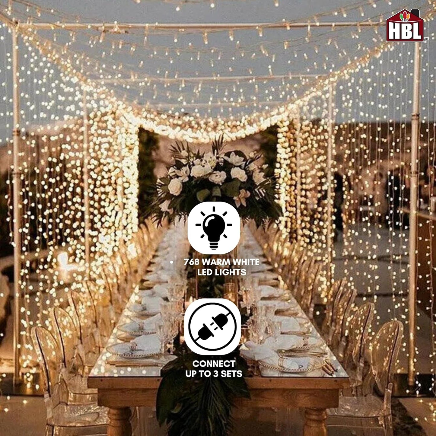 Belle Luci 768-Bulb Warm White Connectable LED Curtain Lights Outdoor Porch Decor 4'X8.5'