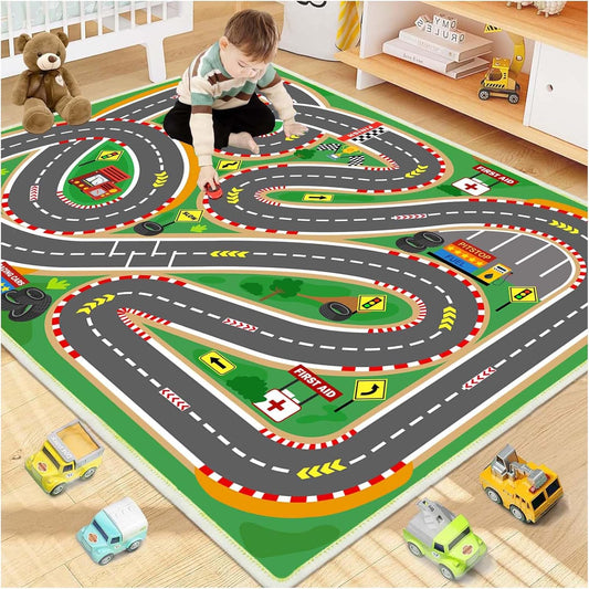 Kids Rug Play Mat Playroom Rugs Car Rugs for Kids Toy Cars Race Track for Classroom Rug(Race-Green, 6.6x9.9ft)