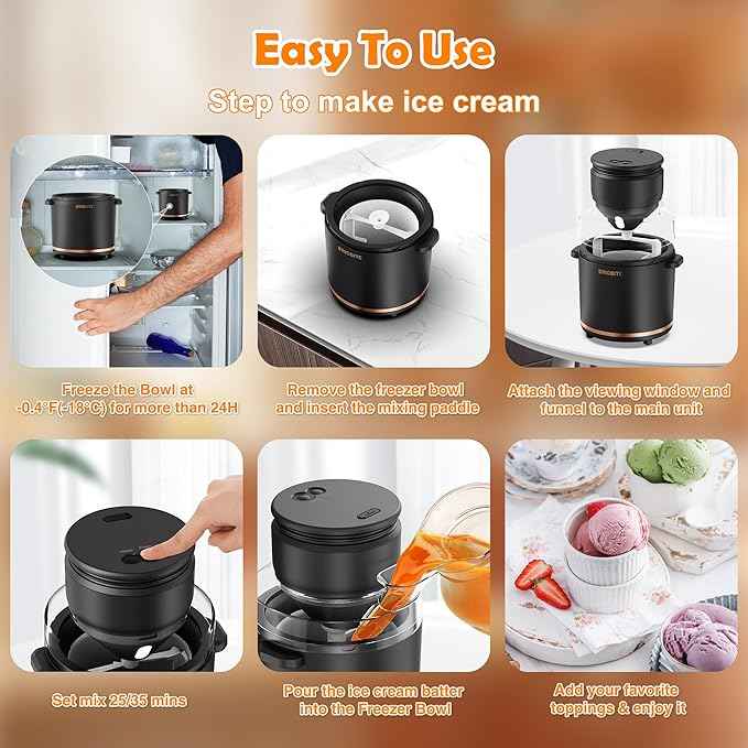 BRIOBITE 1.1 Quart Ice Cream Maker – Electric Ice Cream Machine for Gelato, Milkshakes & Sorbet,Perfect for 2-3 Servings, Easy to Use & Clean,Black