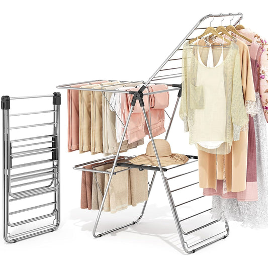 APEXCHASER Clothes Drying Rack with 4 Wings, Drying Rack Clothing with Height-Adjustable, Foldable Gullwings Laundry Drying Rack, Indoor Outdoor Use, No Assembly, Black