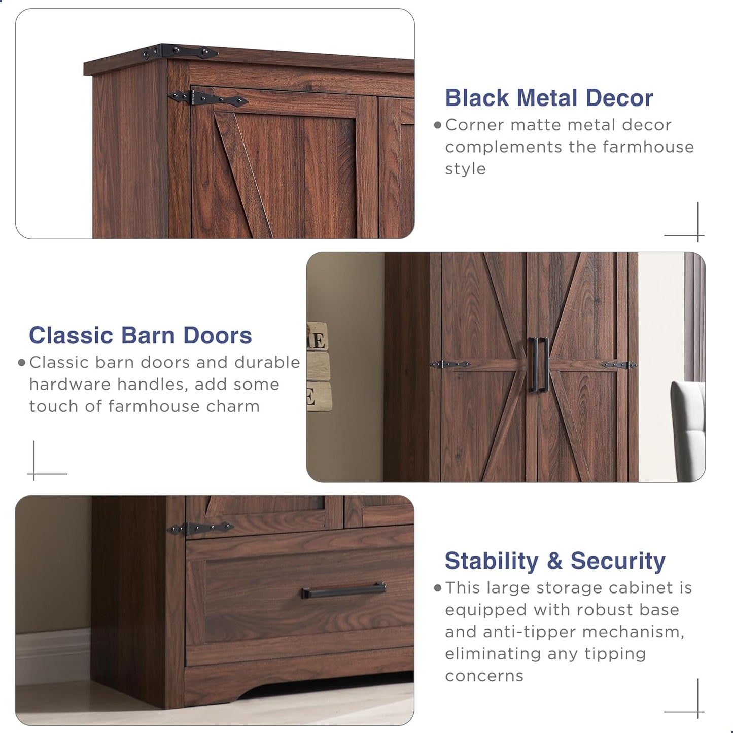 JXQTLINGMU Farmhouse Kitchen Pantry Cabinet - 72" Tall Wood Kitchen Storage Cabinets with Adjustable Shelves & 2 Barn Doors & Drawer, Versatile Storage for Dining Room, Bathroom, Rustic Brown