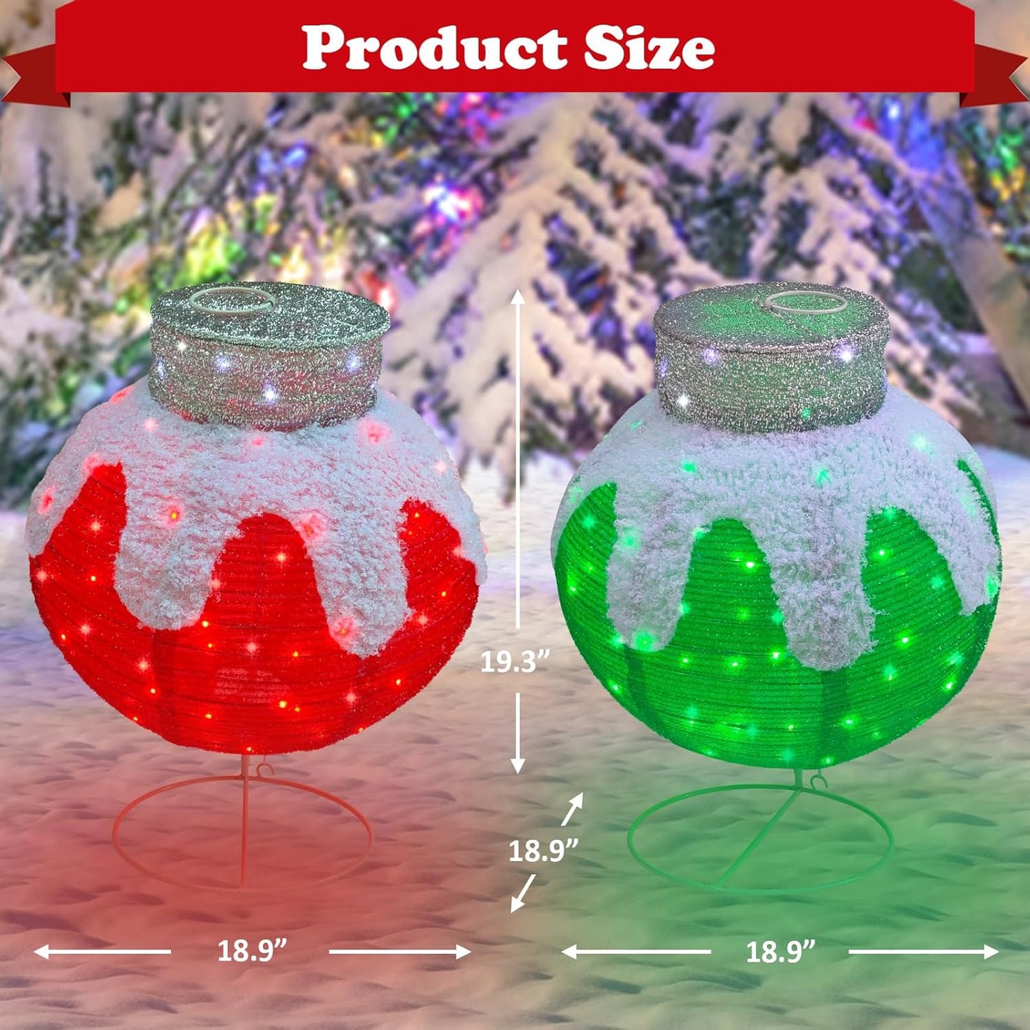 Outdoor Christmas Balls Lighted, 2pcs Pop-Up Christmas Ornaments Outdoor Decorations Prelit 160 Lights with 8 Flashing Effects, Collapsible Light Up Hanging Lantern Ball for Home Yard Decor-Red/Green