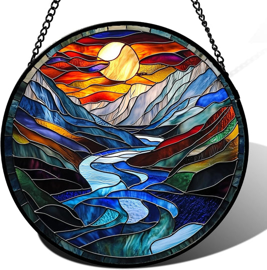 Stained Glass Window Hanging, Canyon Mountains Sunset View Sun Catcher for Window Home Decor Landscape Suncatcher Mother's Day Birthday Gifts for Women Men Mom and Nana 6.3 in