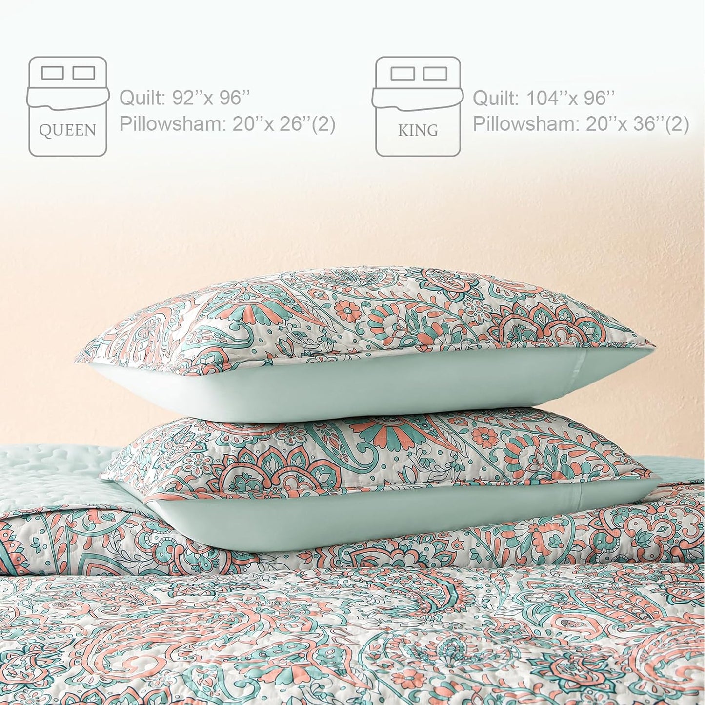 Exclusivo Mezcla Reversible Boho Quilt Set King Size, 3 Pieces Paisley Aqua All Season Bedspreads, Ultra Soft Floral Coverlet Bedding Set with Printed Pattern (1 Quilt, 2 Pillow Shams)