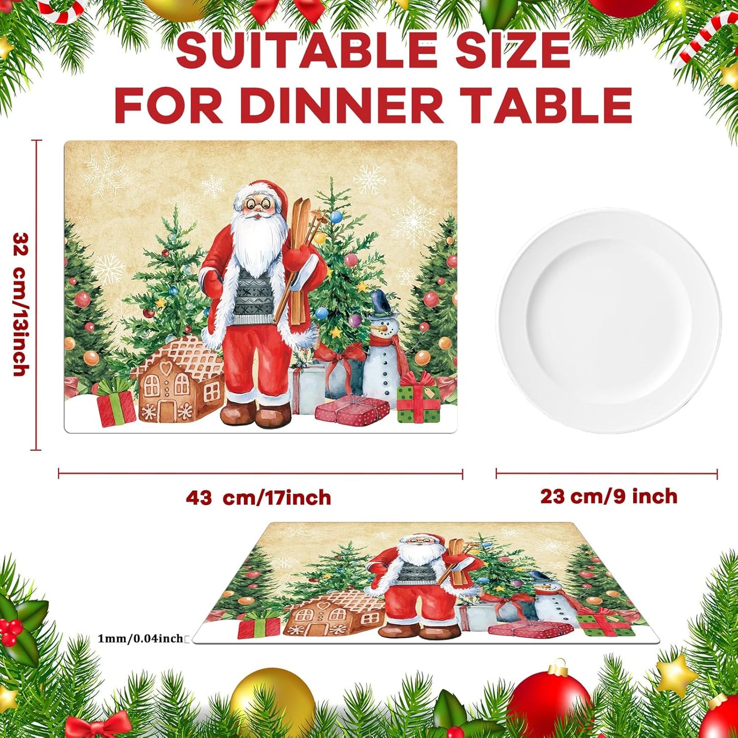 Christmas Placemats Set of 6 Retro Christmas Plastic Table Place Mats Merry Christmas Dining Mats Washable Xmas Holiday Rustic Vintage Table Decoration for Indoor Outdoor Christmas Party Dining Table