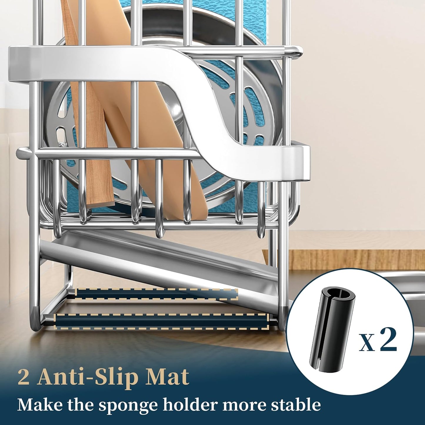 Consumest Sponge Holder for Kitchen Sink - Sink Caddy with Stainless Steel Self Drain Tray, Sink Organizer with High Brush Holder Countertop for Kitchen Sink Accessories, Silver
