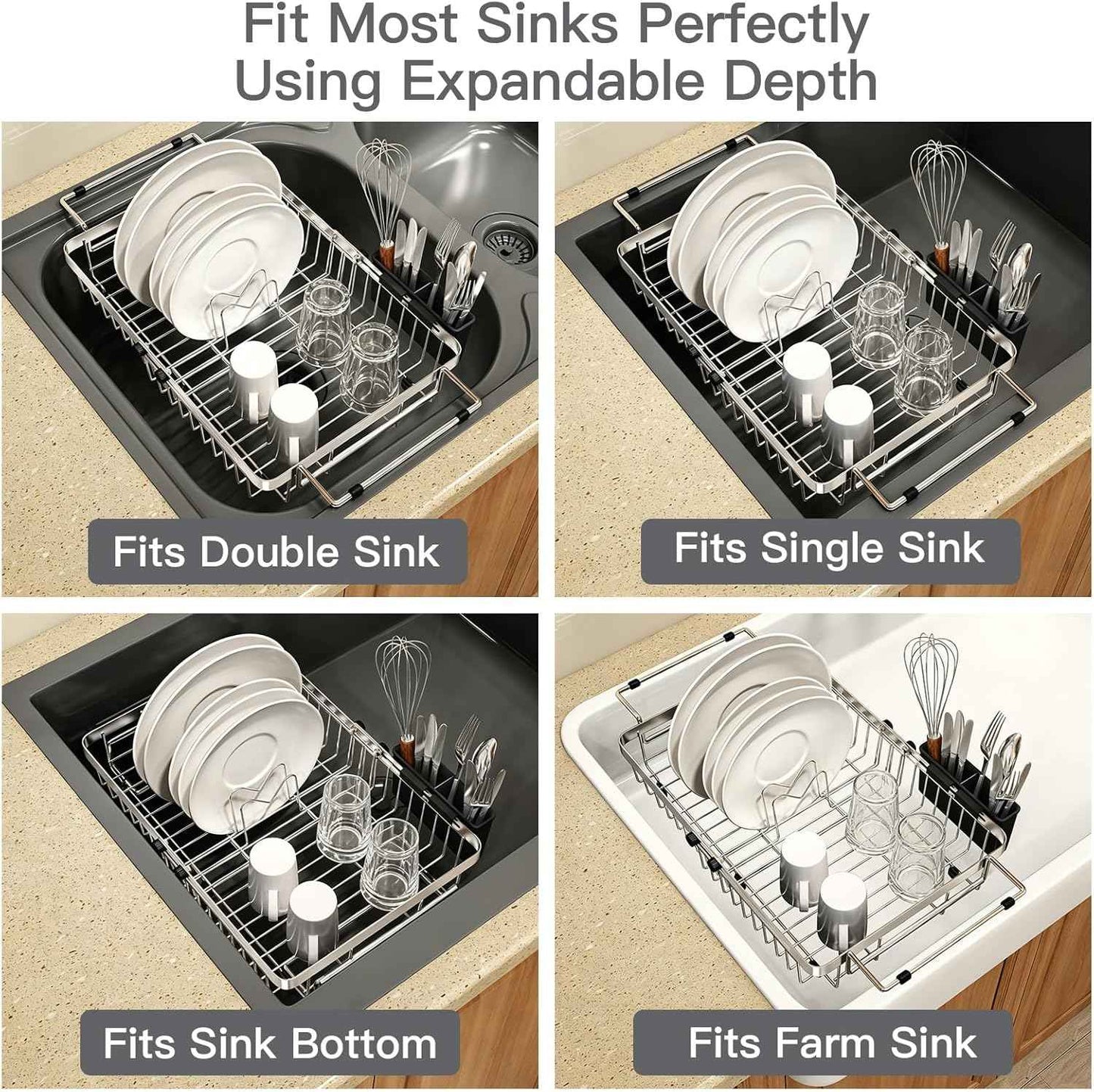 MAJALiS Dish Drying Rack Over The Sink, Expandable Stainless Steel Dish Drainer for Small Kitchen Counter Space Saving, RV Compact Plate Strainer In Silver Metal with Hanging Adjustable Utensil Holder