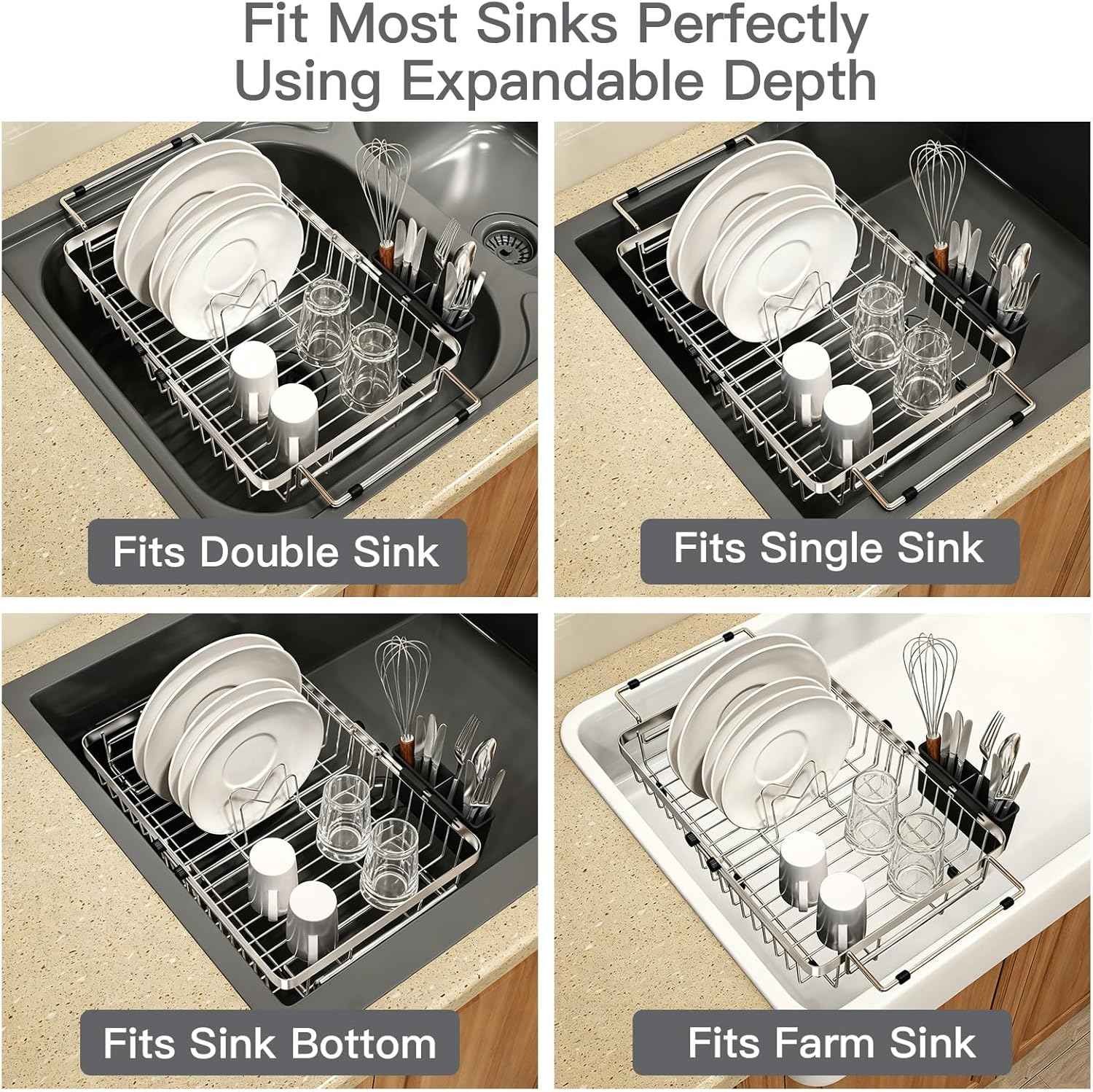 MAJALiS Dish Drying Rack Over The Sink, Expandable Stainless Steel Dish Drainer for Small Kitchen Counter Space Saving, RV Compact Plate Strainer In Silver Metal with Hanging Adjustable Utensil Holder