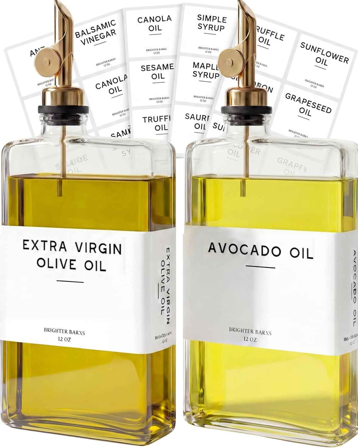 Glass Olive Oil Dispenser Bottle for Kitchen by Brighter Barns - Coffee Syrup Dispenser, Oil and Vinegar Bottle - Modern Kitchen Essentials for Restaurants, Coffee Bar, Airbnb (Clear/Gold, Set of 2)