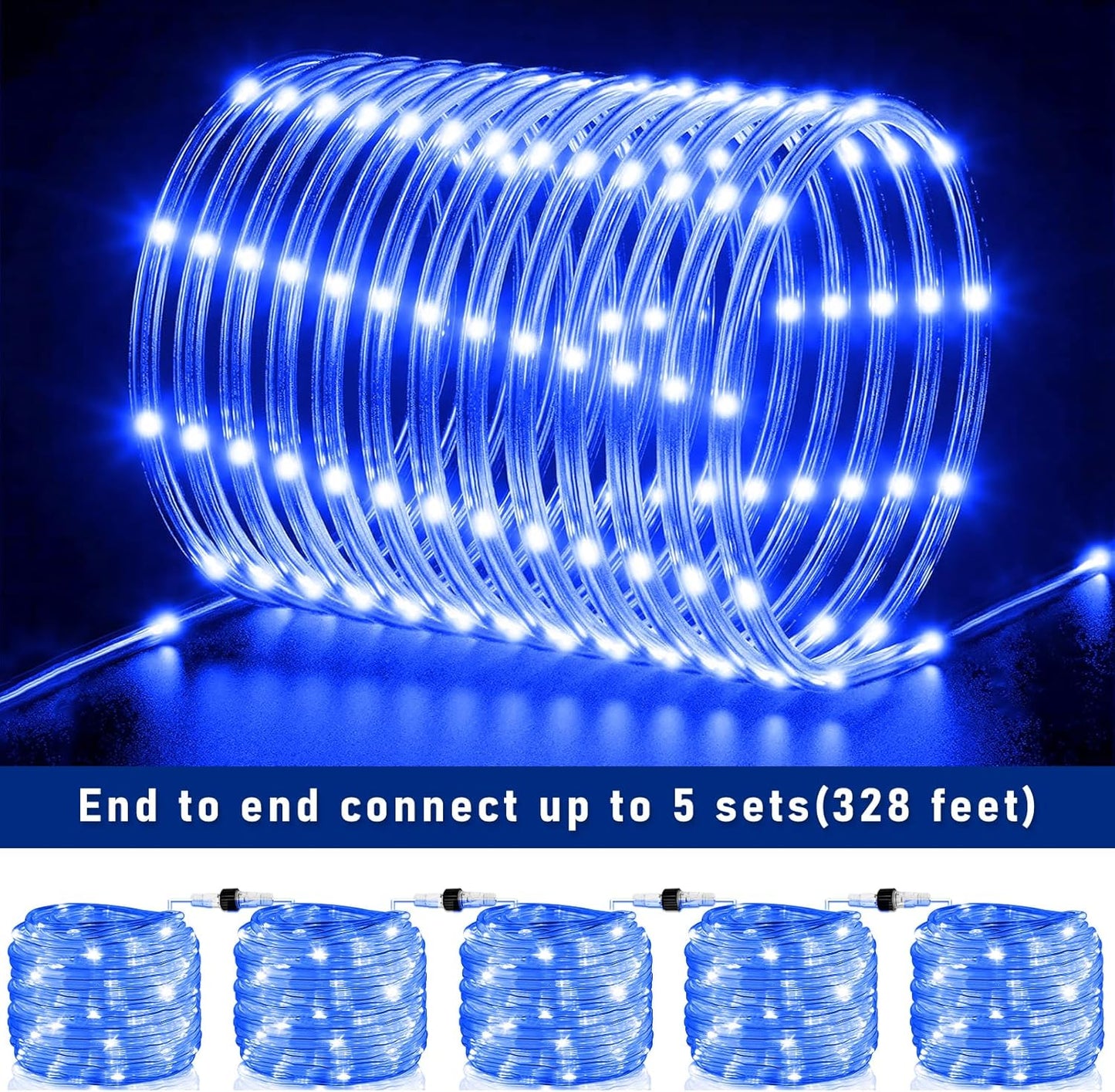 Rope Lights Outdoor, 66FT 200 LED Rope Lights for Outside Waterproof with 8 Modes, Plug in Connectable Clear Tube Light for Indoor, Garden, Backyard, Patio, Pool, Tree, Holiday Decorations - Blue