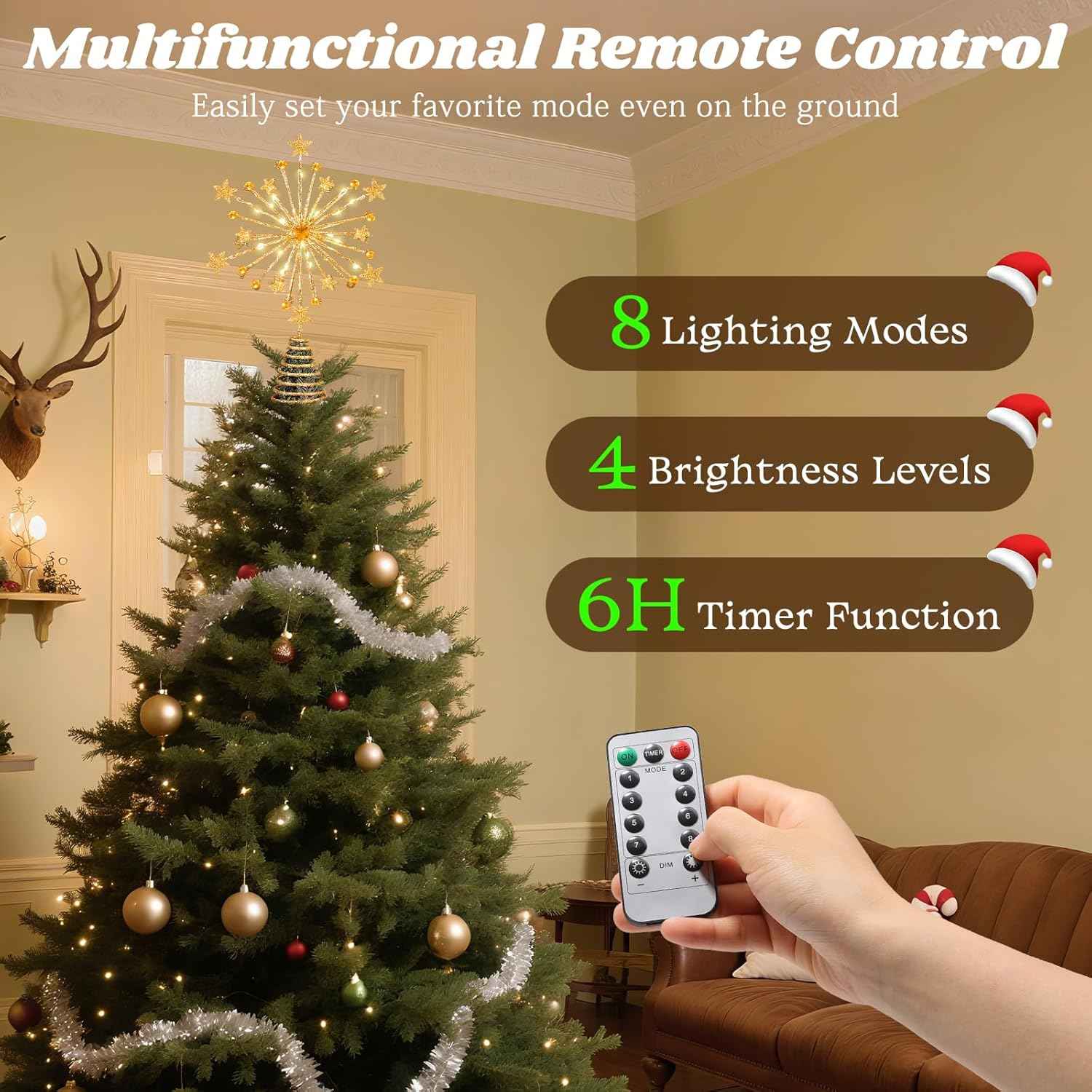 Lewondr Christmas Tree Topper, 13'' Metal Twinkly Xmas Starburst Tree Topper with 20 LED Bulbs, USB Powered Lighted Star Treetop for Christmas Ornaments, Remote Control, 6H Timer, 8 Light Modes, Gold