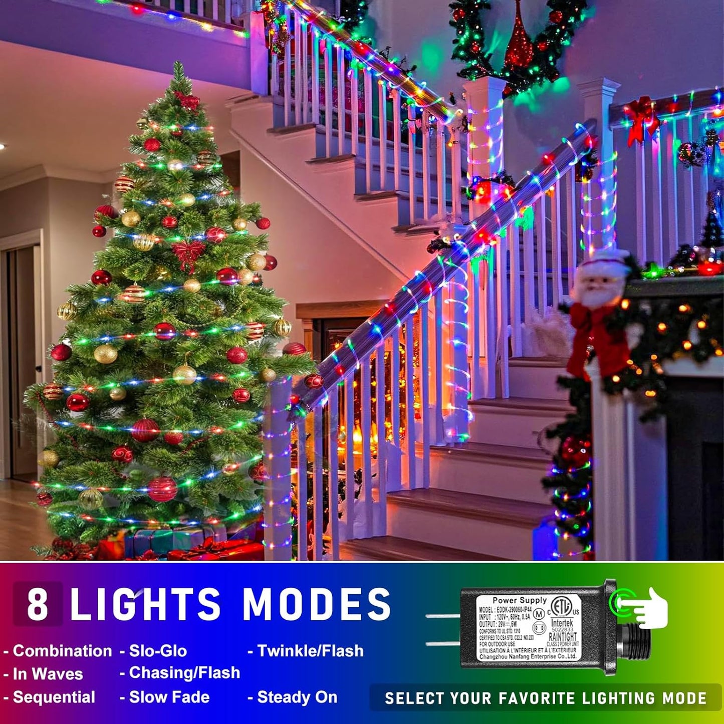 100FT 300 LED Rope Lights Outdoor, Connectable and Flexible Tube Lights with 8 Modes, Waterproof Indoor Rope Lighting for House, Deck, Garden, Backyard, Patio, Pool, Tree Decorations - Multicolor