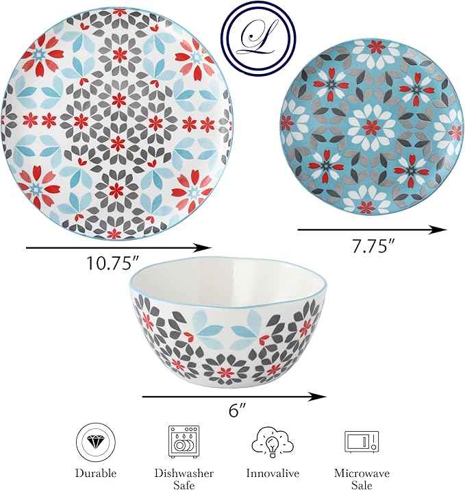 Lorren Home Trends Floral Bone China Dinnerware Set, 12 Piece Service for 4, Blue Red Gray Pattern, Dishwasher Microwave Safe