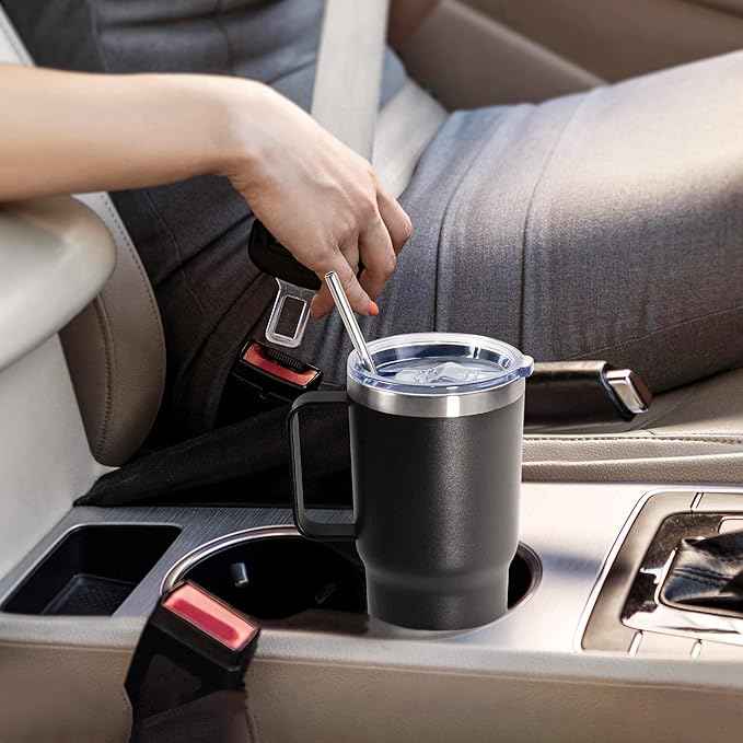 20 oz Tumbler with Handle, insulated cup coffee mug with lid, straw and handle, Double Wall Stainless Steel Vacuum Coffee Tumbler travel mug spill proof, 1pcs Black